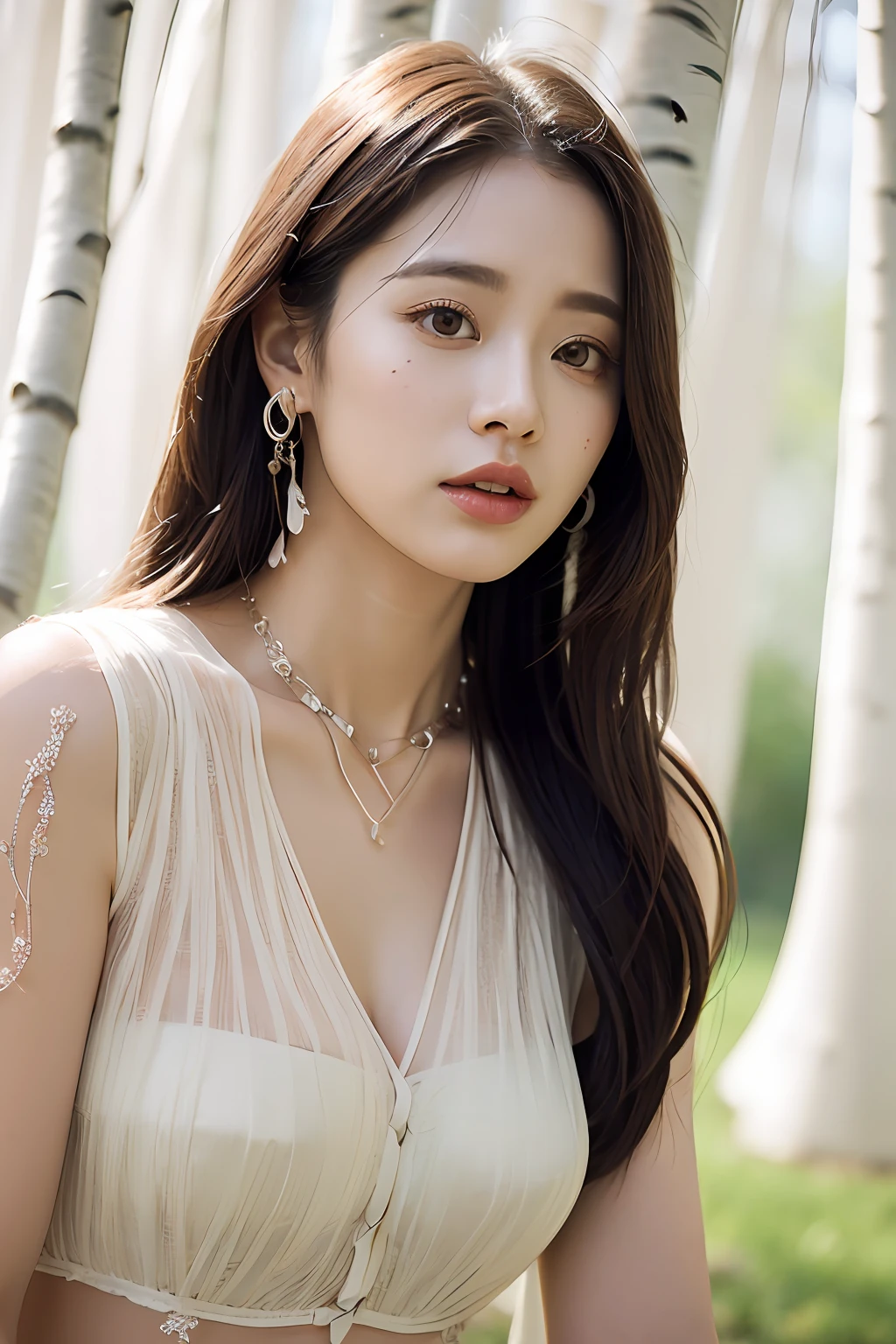 (extra detailed body、extra detailed face、best qualtiy:1.2)、femele、looking at the viewers、(See-through tops、a necklace、piercings、JINS)、(Birch tree chaos on background:1.4)