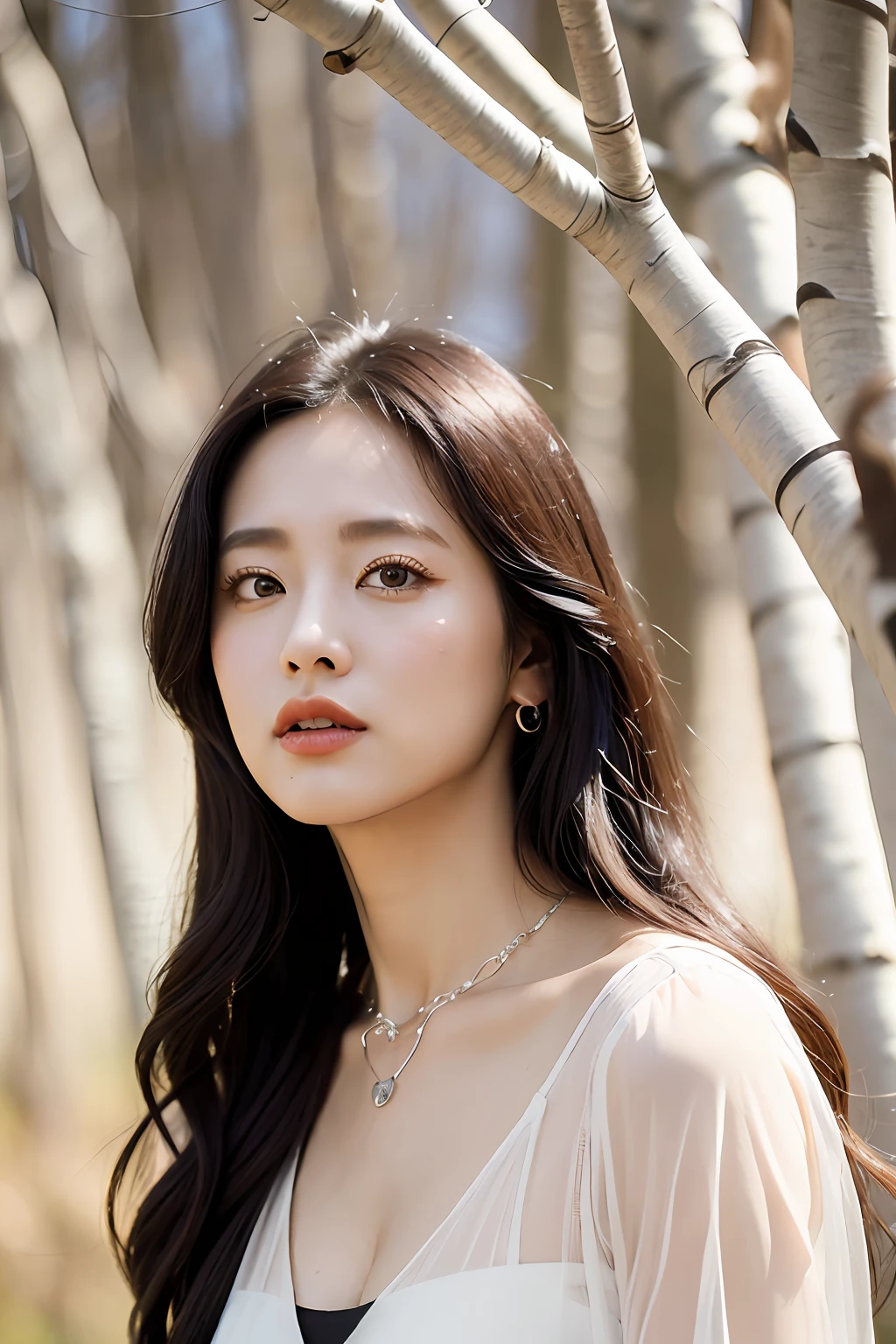 (extra detailed body、extra detailed face、best qualtiy:1.2)、femele、looking at the viewers、(See-through tops、a necklace、piercings、JINS)、(Birch tree chaos on background:1.4)