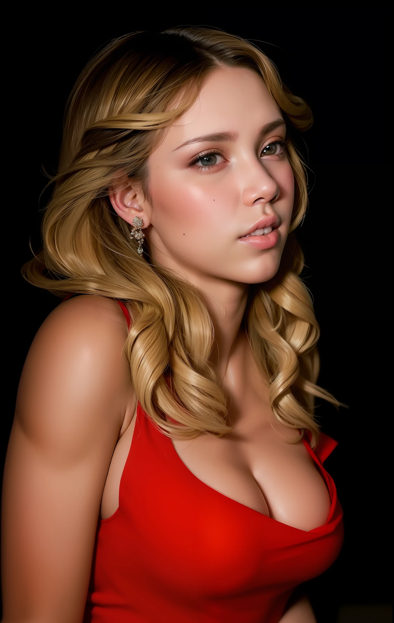 Scarlett Johansson, Full body shot, The FW, Raw photo, 超A high resolution,(Photorealistic:1.4), light brown hair, Smile, Bright pupils, high detailing, Realism, Fujicolor, Image Fill, viewfinder, Eye-Level Shot, 8K, Super Detail, nffsw, retinas, masutepiece, Anatomically correct, Textured skin, high details, High quality, awardwinning, Best Quality, hight resolution, 16 K, high-definition RAW color photography, Standing, Wearing a sexy red dress , Open Chest Dress, athletic bodies, Big breasts, Big ass, [scientific fiction],Ray traching, Shallow depth of field,(Detailed skin, diffused skin pores),photographed in a Canon EOS R5, 85mm lens, F/2.8, Sharp Focus, Smooth, Cinematic Film Still