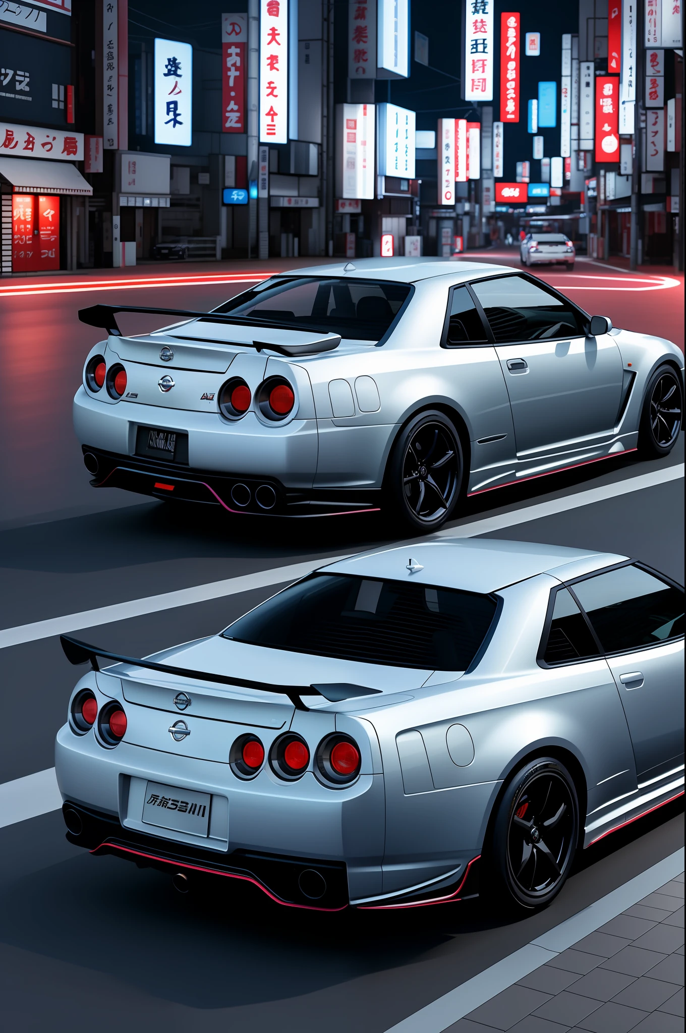 A car Nissan Skyline R 3 2 nights wander the streets of Japan, 3 d rendered, Realism, rendering by octane, synthetic wave, Highly detailed