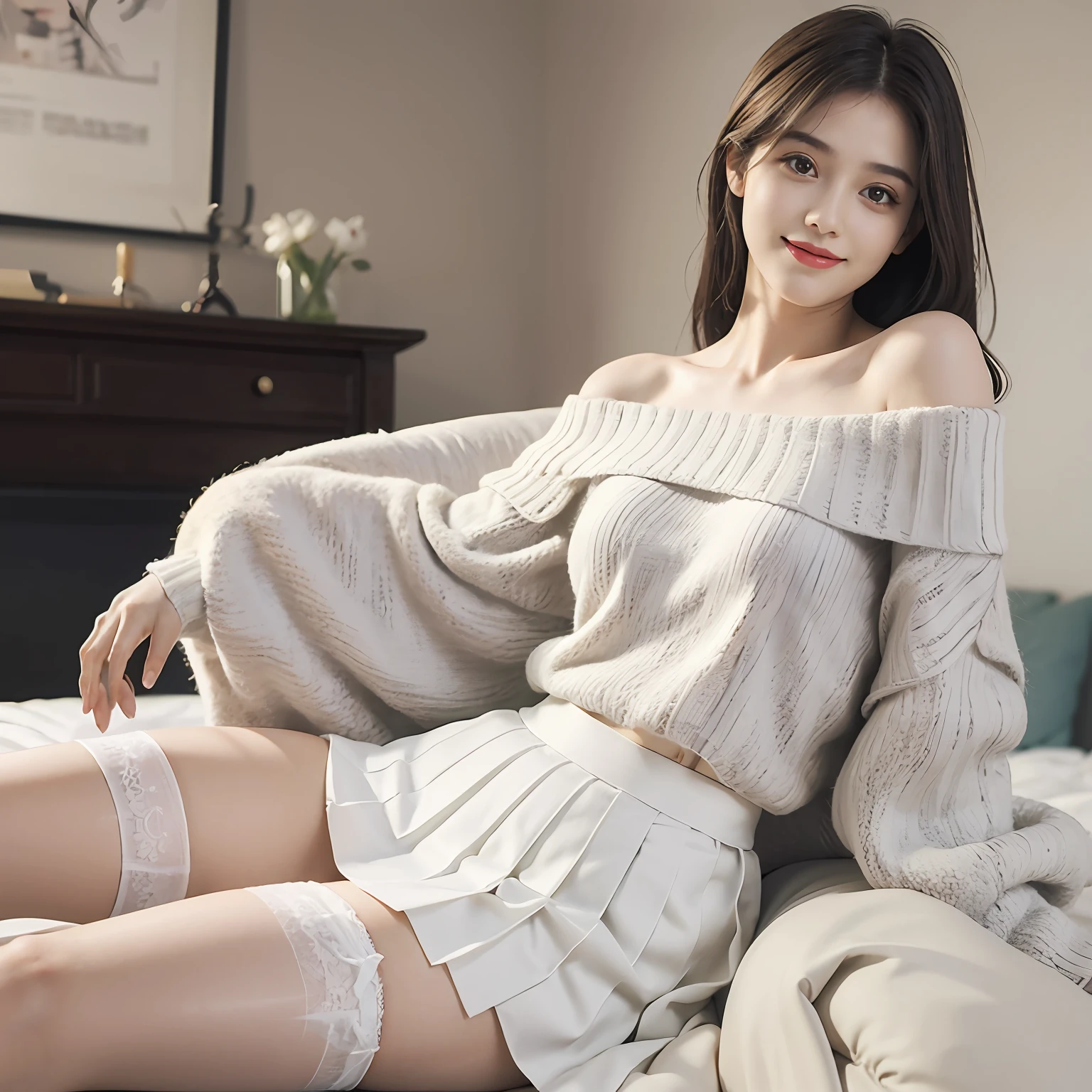 18-year-old beautiful girl，off-shoulder sweater，open waist，White pleated skirt，White stockings on thighs，cabelos preto e longos，Vest line，8k wallpaper，Delicate faces，There is a smile on his face，perfect bodies，perfectly proportions，mannequin，Perfect chest，dingdall effect，Light