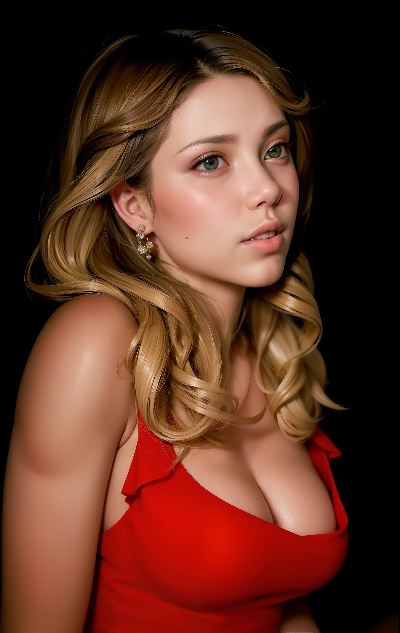 Scarlett Johansson, Full body shot, The FW, Raw photo, 超A high resolution,(Photorealistic:1.4), light brown hair, Smile, Bright pupils, high detailing, Realism, Fujicolor, Image Fill, viewfinder, Eye-Level Shot, 8K, Super Detail, nffsw, retinas, masutepiece, Anatomically correct, Textured skin, high details, High quality, awardwinning, Best Quality, hight resolution, 16 K, high-definition RAW color photography, Standing, Wearing a sexy red dress , Open Chest Dress, athletic bodies, Big breasts, Big ass, [scientific fiction],Ray traching, Shallow depth of field,(Detailed skin, diffused skin pores),photographed in a Canon EOS R5, 85mm lens, F/2.8, Sharp Focus, Smooth, Cinematic Film Still