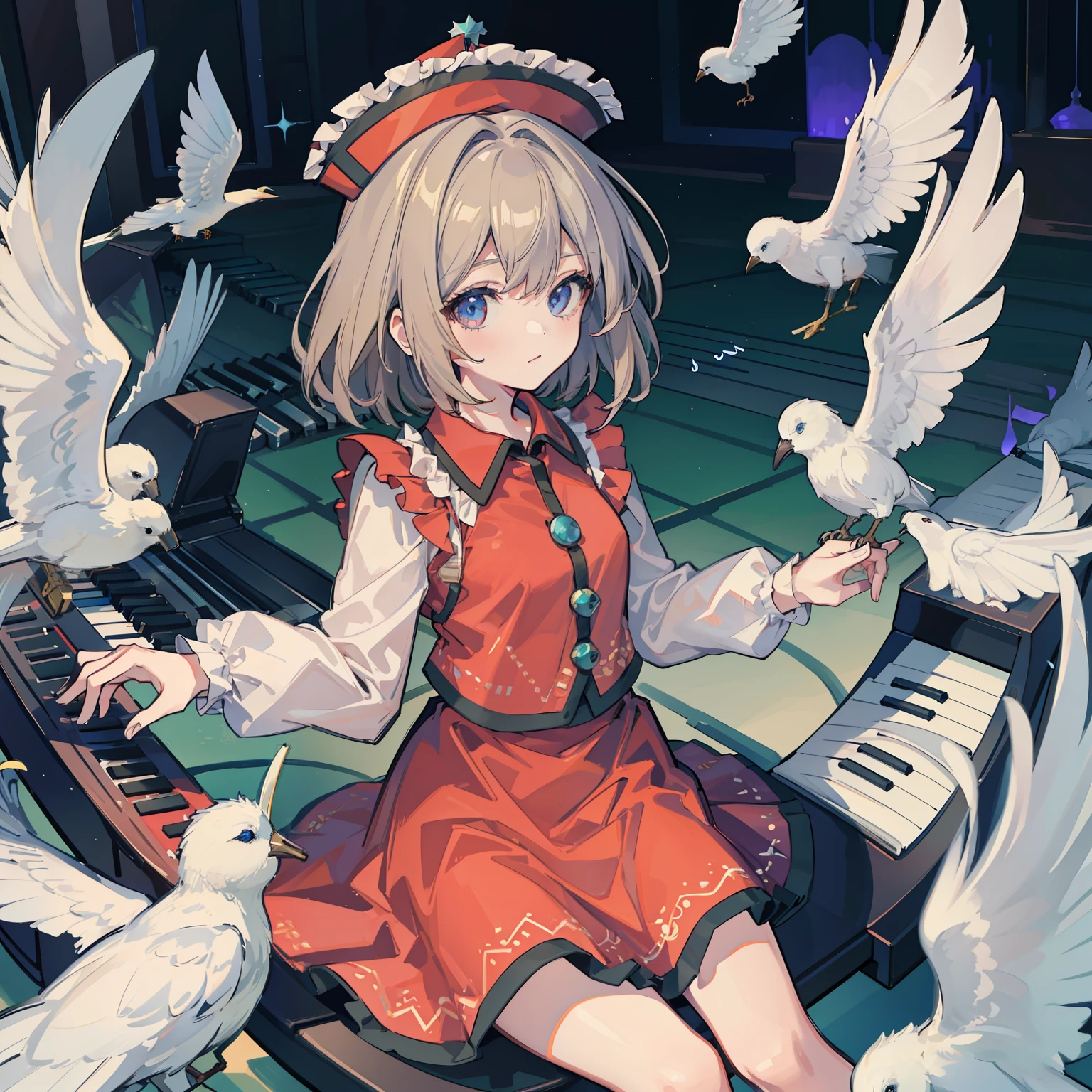 Lyrica Prismiver playing keyboard, masterpiece, fine detail, 4k, 8k, 12k, solo, one person, beautiful girl, caucasian female, Lyrica Prismiver, spring, bird flying away, air, music room