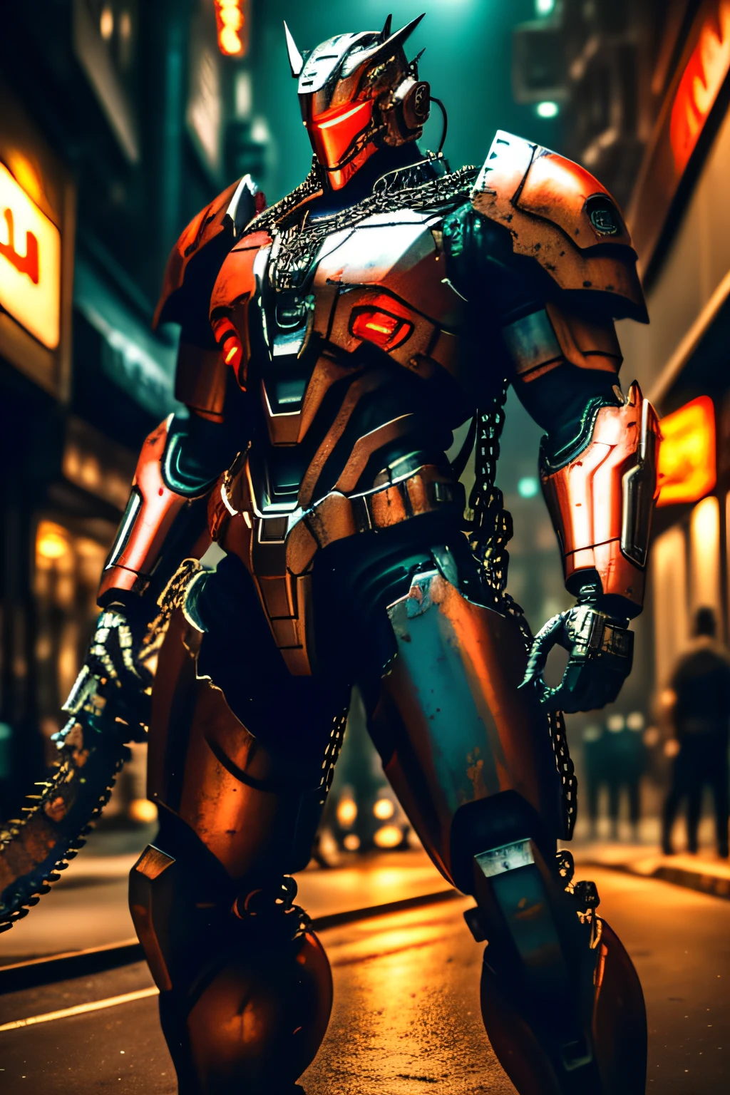 Dark_Fantasy,Cyberpunk,(chain saw,chain saw man,Red:1.1),1man,Mechanical marvel,Robotic presence,Cybernetic guardian, wearing a worn-out mech suit, intricate, (steel metal [rusty]), elegant, clear focus, shot by greg rutkowski, soft lighting, vibrant colors, masterpiece, ((street)), cowboy shot, dynamic pose,