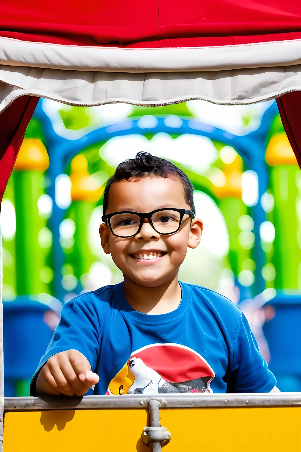 guttonervision8, Behold a captivating promotional portrait featuring a 3-year-old boy wearing glasses, dressed in light and playful children's clothes, exploring an amusement park with boundless happiness. The scene radiates the epitome of joy, evident on the boy's face. This artwork is a tribute to Taras Shevchenko's style, inspired by Yousuf Karsh's epic artistry, and heightened with the elegance of Wladyslaw Strzeminski and Paweł Kluza, inviting the audience to join in the delightful adventure at the park.