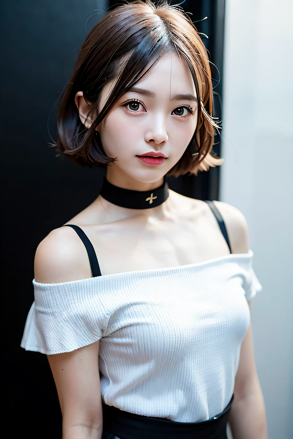 Top quality, ultra-high resolution, (photorealistic: 1.4), 1 girl, off-shoulder white shirt, black tight skirt, black choker, (faded ash-gray hair: 1), (small: 1.2), look at viewer, close-up, gorgeous (very short hair, forehead: 1.2),