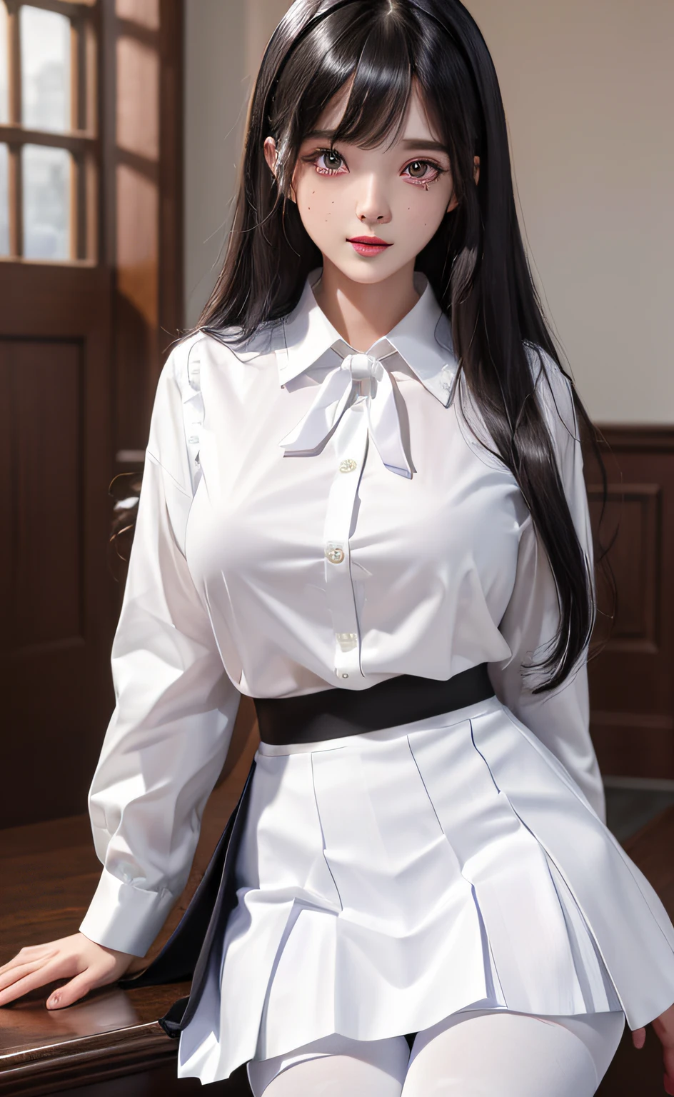(masterpiece, best quality, Hyper detailed, High detail:1.2),1girl, bangs, black_hair, blush, button_gap, huge_breasts, long_hair, looking_at_viewer, mole, purple_eyes, school_uniform, shirt, skirt, solo, sweat, (white_pantyhose:1.25),full body,(ulzzang-6500:0.9)