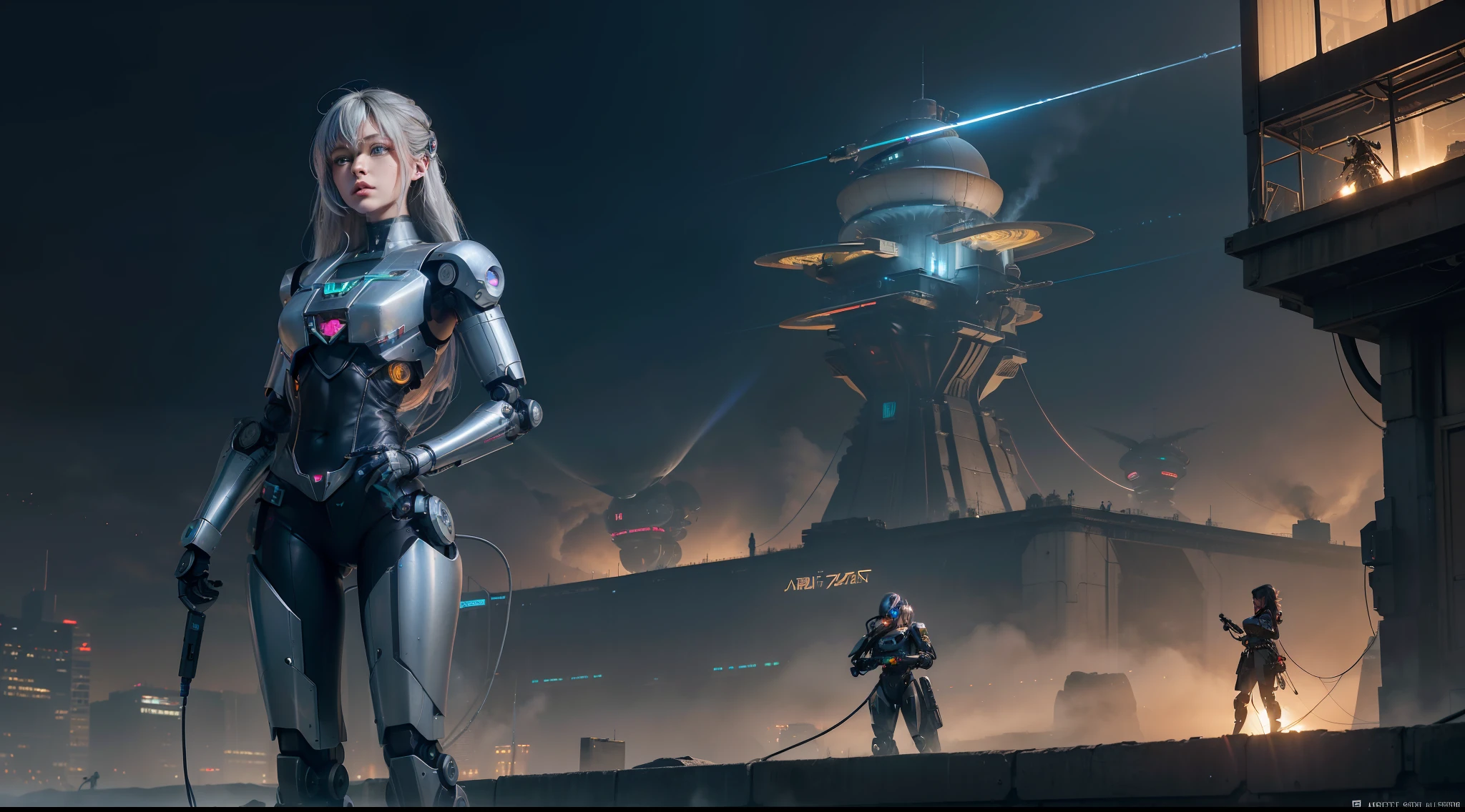 highdetailRAWcolorphoto,Hyper-realistic,Digital painting,half-body shots,(Close portrait:1.3),(lens flare glow:0.5),(Halo:0.5),Portrait,looks into camera,(high detal,finedetail,iintricate),Unbelievably absurd,(Luxury cyberpunk:1.4 ,dystopian,Sci-fi),concept-art,opulent,1girll,lucy\(Cyberpunk\),European_Girls,(cute female arterial intelligence,robot,Cyborg:1.5),(cyborg robot parts,increase ,machine arm,mechanical leg,silver helmets),(cybernetic implants:1.4,micro Chip,metals,electrical wires,electric cables,silica gel),Gray eye,Asymmetrical hair,standing on your feet,(handheldweapons,Combat rifles,hand gun),obi strip,(Wear a shiny skinny soft suit,Sheer white shirt),Cardigans,sleeves slit,Buttock slit,Exposed metal bone,Bodybuilding physique,Slim,Bigchest,Exposed nipple,big assa,(paleskin),(Delicate skin,Spreads skin pores), high qulity, Angelic, decorations, decorations, hard edge, Breathtaking, exteriors, ((On the surreal planet Raphael Lacoste)), the night, (Electricity, Bright neon colors, Sprawling cyberpunk city skyline), violent storm, Sateen, smog,tendrils,spirals,Dust,(((airships))), (wastelands,observatory)