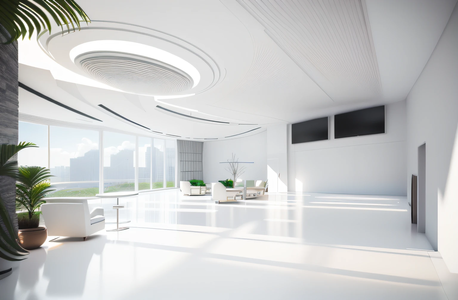 There is a spacious lobby,White marble floors and glass ceilings,There are plenty of sofas and tables inside, interior architecture view, building rendering, simple ceiling, archviz, high ceiling, professional render, Realistic physical rendering, high quality rendering, CG rendering, very tall ceilings, all white render, highly photographic render, excellent 3d render, realistic cgi render, lumion render, high quality rendering