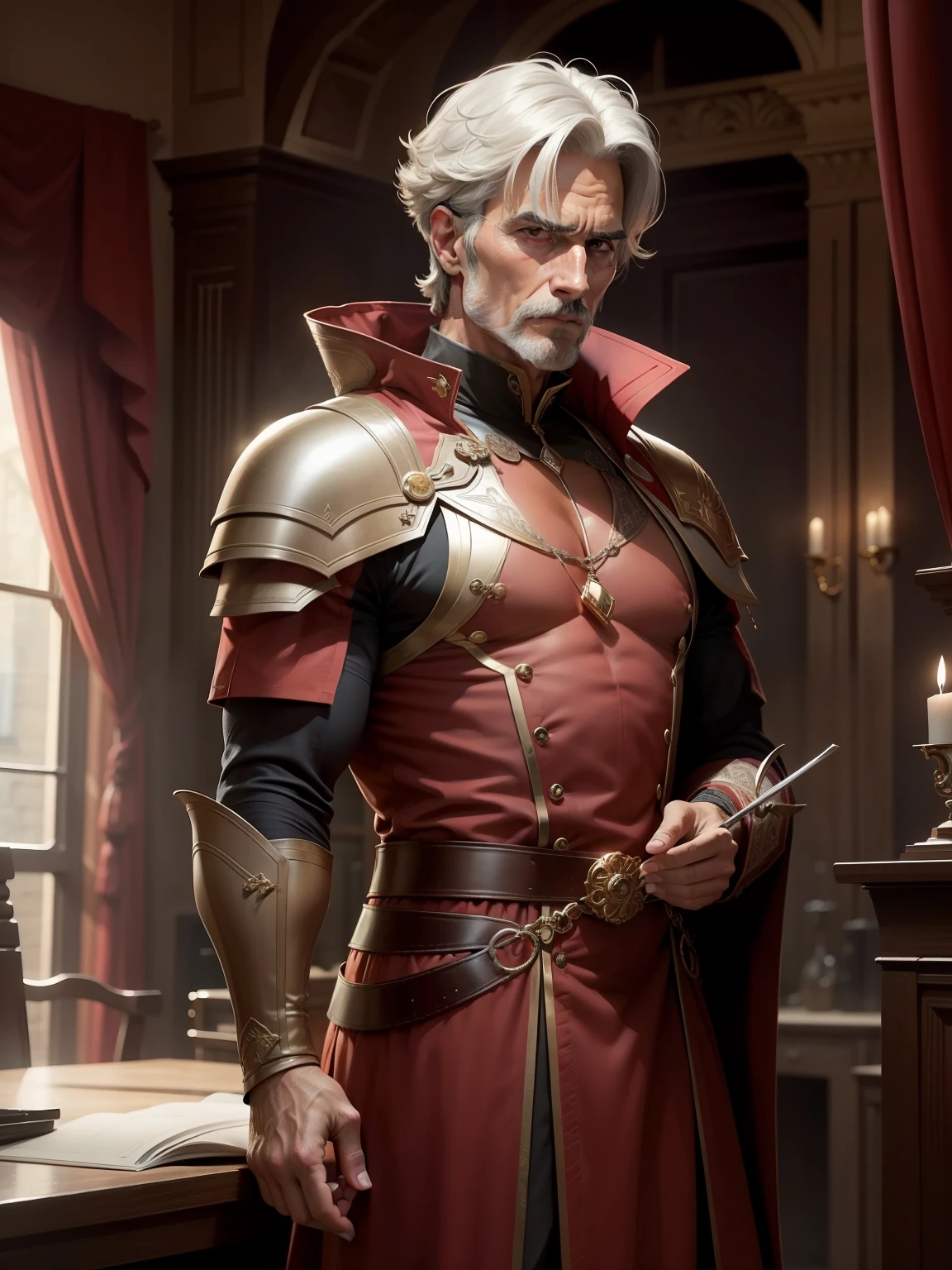 "Give him a distinguished and mature appearance, as though he is in his 50s.still fit"