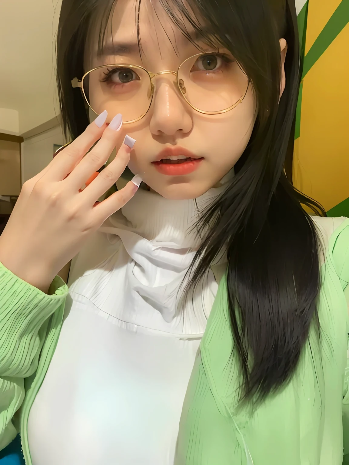 There was a girl with glasses,Wear a white turtleneck sweater,A green sweater draped over the outside, 18-year-old girl, Korean girl,Moe girl,quadratic element,8K high-definition,The chest is particularly large
