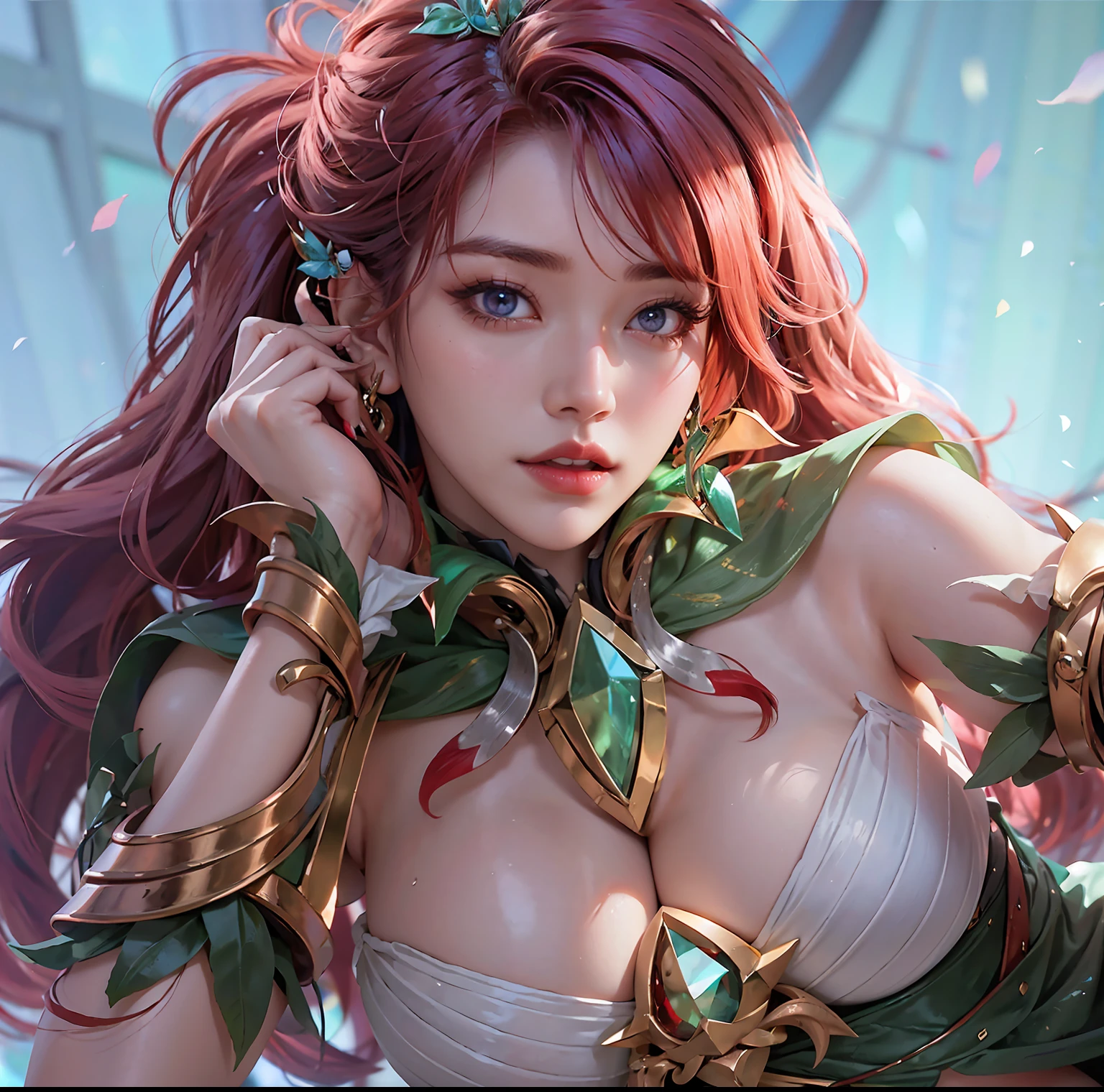 Elbow, background, perfect hair details, beautiful breasts, beautiful, beautiful eyes, beautiful lips, sexy, red hair color.