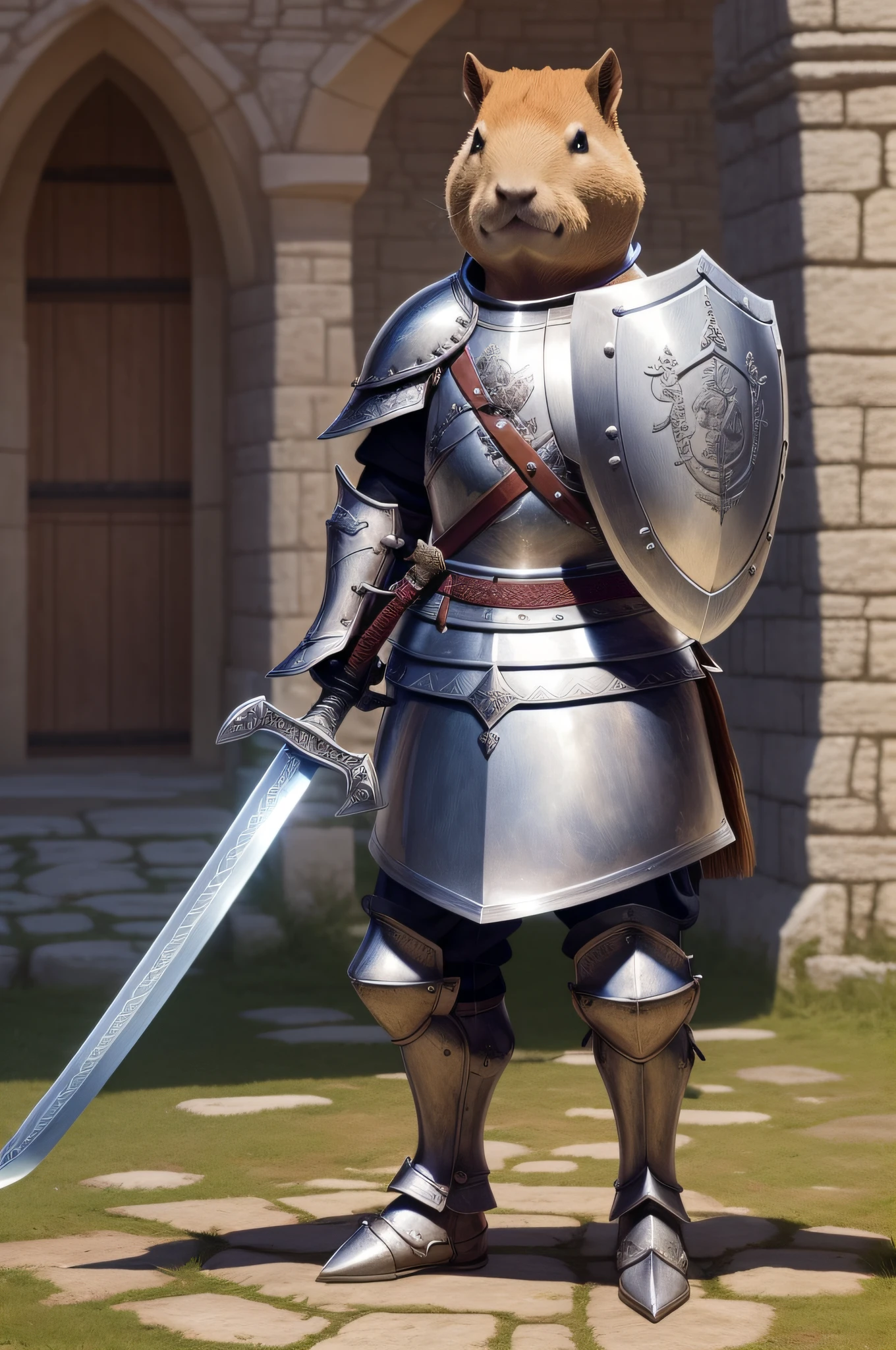 cute capybara, in armor, (sword in right hand, shield in left hand),  medival surroundings, detailed armor, symmetrical armor, standing on two legs, looking cute, smiling, ((masterpiece, extremely detailed)), ultra high quality, medival sword in hand, detailed and symmetrical sword, standing in front of a castle, (((one sword)))