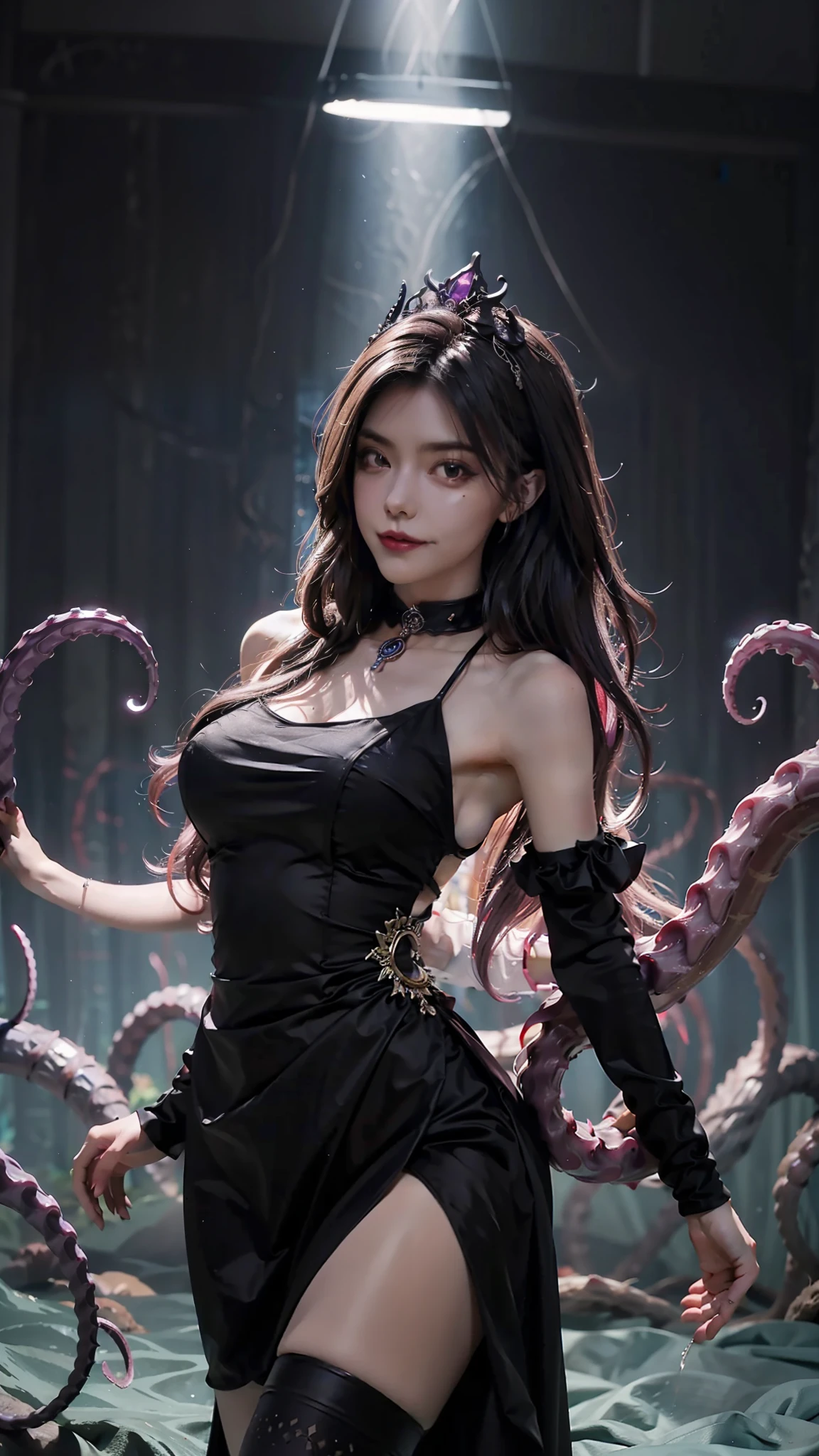 ((Best quality)), super ultra detail, illustration, Tentacle evening dress, dancing posture, Evil eyes, dark castle, ocean floor, Late night starry sky(((Best quality))), ((Ultra-detailed)), ((illustration)), ((the hair)), ((frilld)), (1 girl), evening formal robes,Tentacle surrounding,Tentacle wrapping,Tentacle clothes,Full breasts,dancing posture,sexyposture,Sly eyes,Evil smile,Devil's Lair,a queen,ornate gown,evening formal robes,Dress modestly,Complex clothes,Octopus tentacles,Clothes consist of tentacles,Tentacle evening dress,dark castle,ocean floor,the night,deep in the night,starrysky,drenched all over the body,lot of tentacles,lot of tentacles,Tentacles twisted,Purple eye,largeeyes,drenched all over the body,choker necklace,yoke,black lence stockings,Coarse tentacles,Tentacle clothes,Tentacle allowance garments,Tentacles wrap around the body,Tentacles attached to the body,black gown,Pitch black evening dress,black long dress