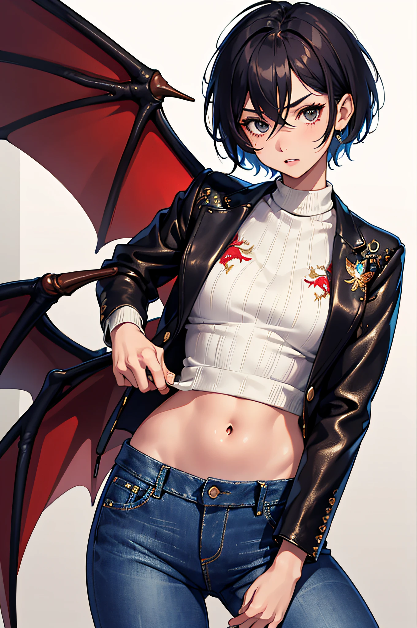 masterpiece, high quality,1girl,solo,middle breast , short hair, (hair between eyes),(00BFFE pixie cut), Bat wings, Disappointed face,(Embroidered sweater, Cropped flare jeans, Leather blazer)