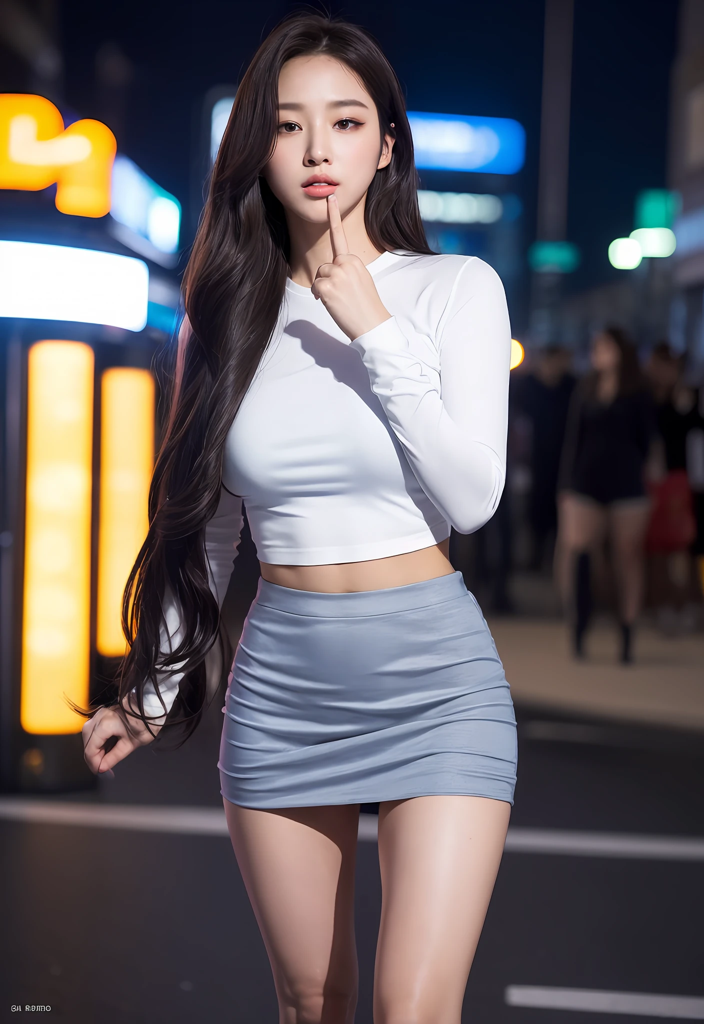 (Best Quality, 8K, Masterpiece, Ultra HD: 1.3), (K-Pop Idol: 1.3), 1 sexy Girl, (Big: 1.2), (Long Hair), Abs, Perfect Figure, Ultra Fine Face, Delicate Lips, Beautiful Eyes, Double Eyelids, Super fine hand, Super fine finger,tube shirt body, Mini skirt ((Aroused: 1.9)) , Detailed , Night streets buiding euro,