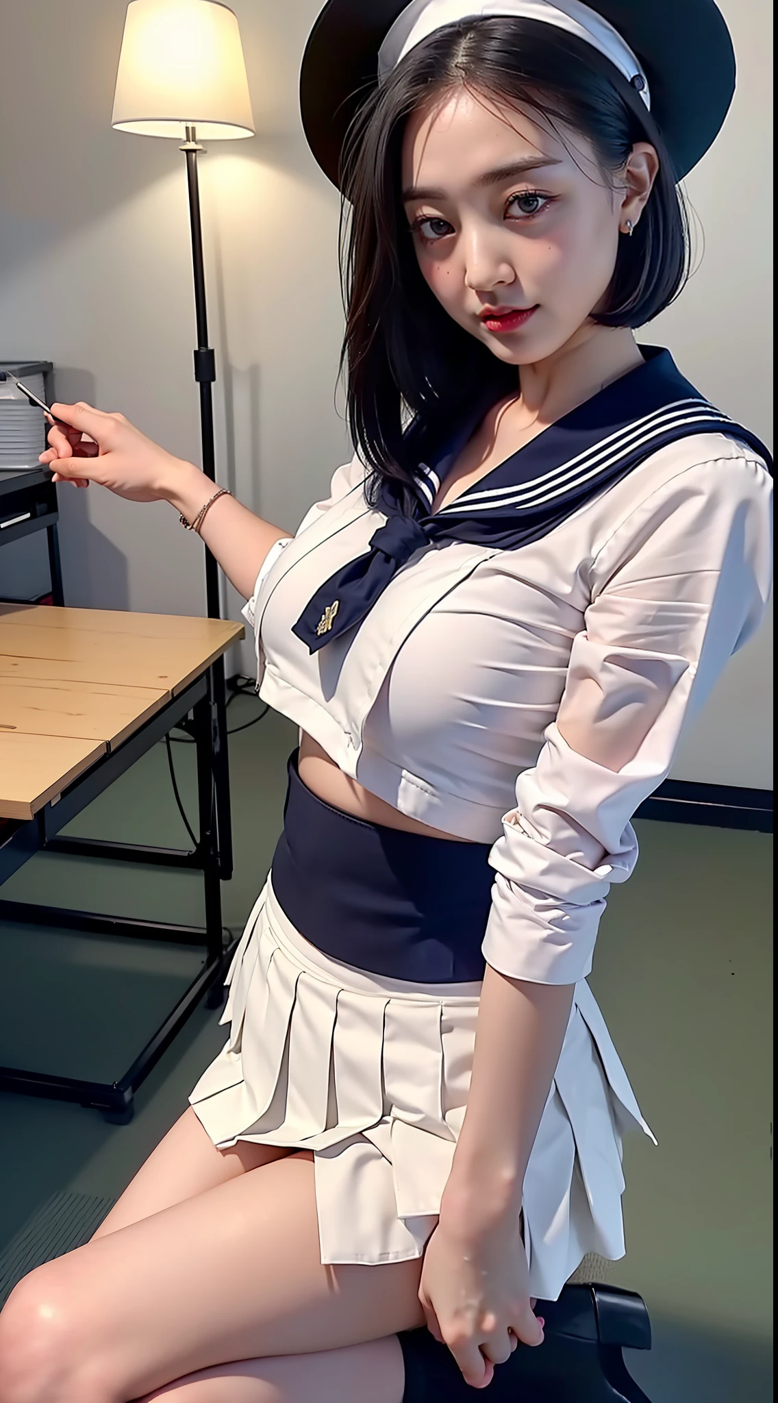 (8K、RAW Photos、top-quality、masterpiece:1.2)、(realisitic、Photorealsitic:1.37)、1人、japanes、18year old、femele、Classroom、natta、profetional lighting、Photon mapping、torn、Colossal tits、The tips of the knitted, which are pure white and very small in size, stick out、areola protruding、The shape of the pubic area is clearly visible、gals、Lots of lashes、Lame on the eyelids、Pitch black lip、Pitch black heels、pubick hair、the lower abdomen bristles、A slender、crotch open、My are big and are about to spill out of my bra、Very much pubic hair、pubic hair is very protruding、((Short sailor suit、Short pleated skirt,No hat))、maroon short hair