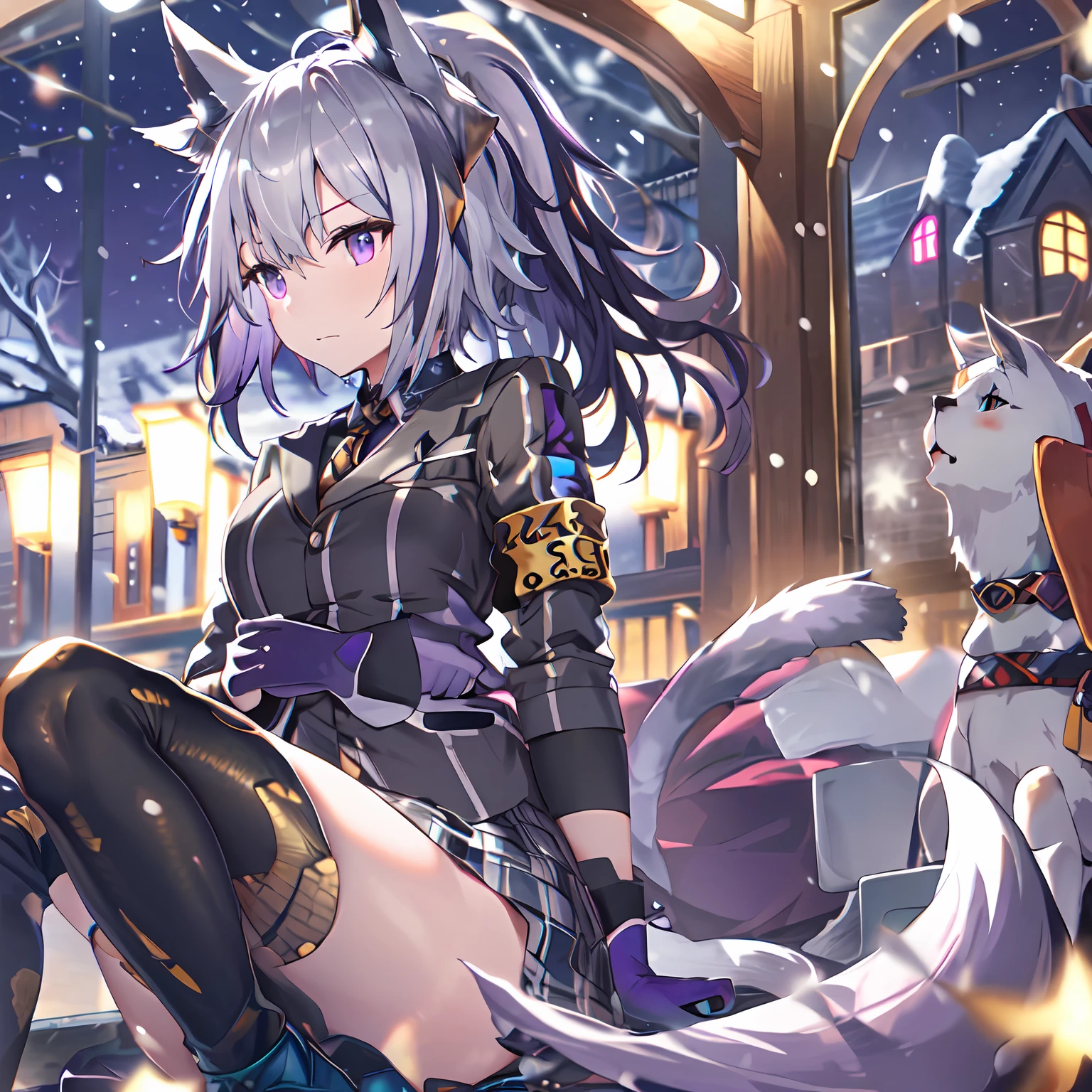 Girls, purple hair, cat ears, jacket blck and white, armband yellow, school, night time, snowing, gloves