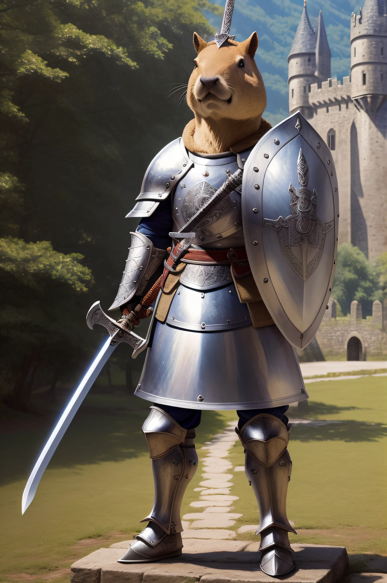 cute capybara, in armor, (sword in right hand, shield in left hand), medival surroundings, detailed armor, symmetrical armor, standing on two legs, looking cute, smiling, ((masterpiece, extremely detailed)), ultra high quality, medival sword in hand, detailed and symmetrical sword, standing in front of a castle, (((one sword)))