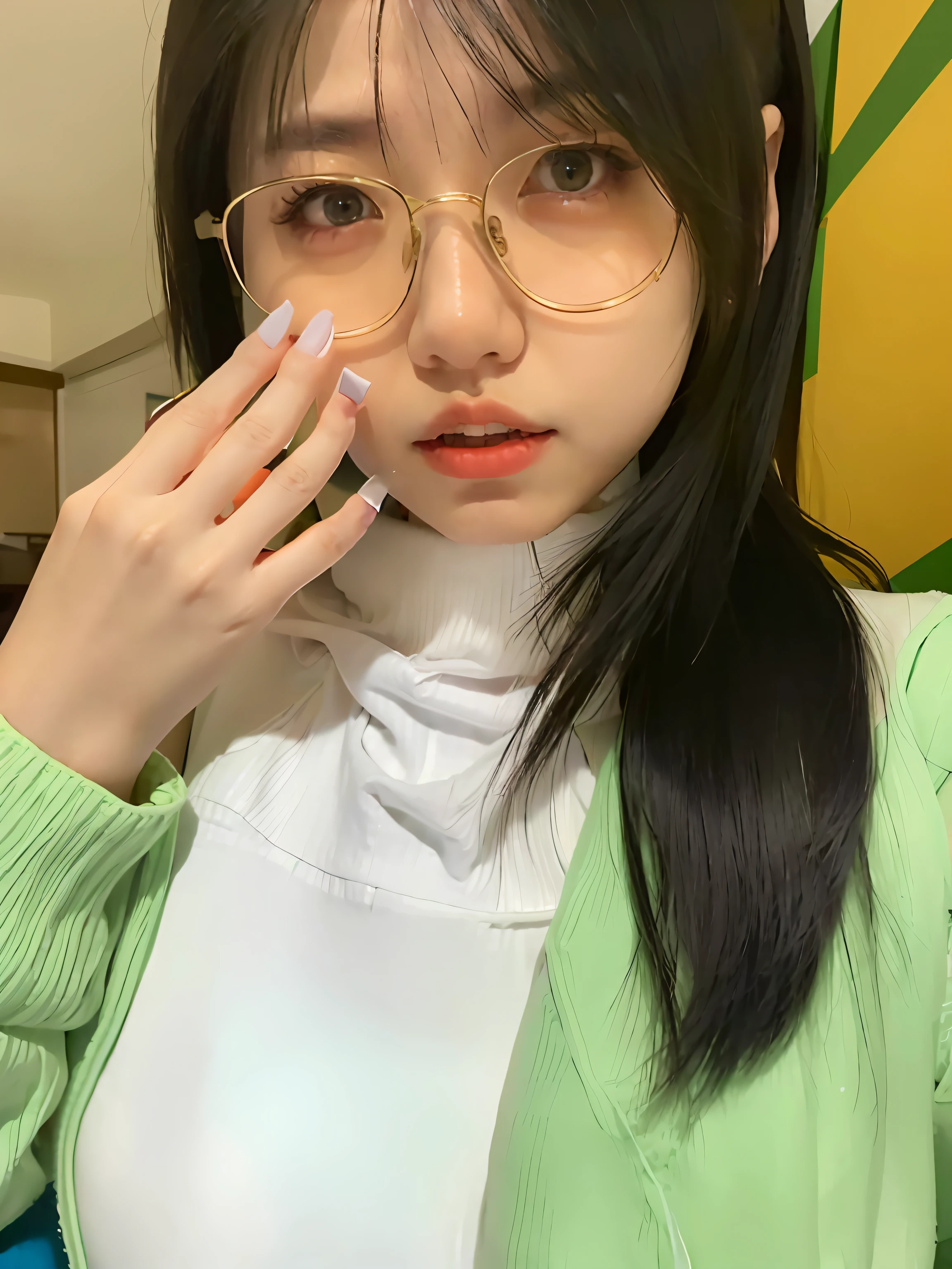 There was a girl with glasses，Wear a white turtleneck sweater，A green sweater draped over the outside, 18-year-old girl,  Korean girl，Moe girl，quadratic element，8K high-definition，The chest is particularly large
