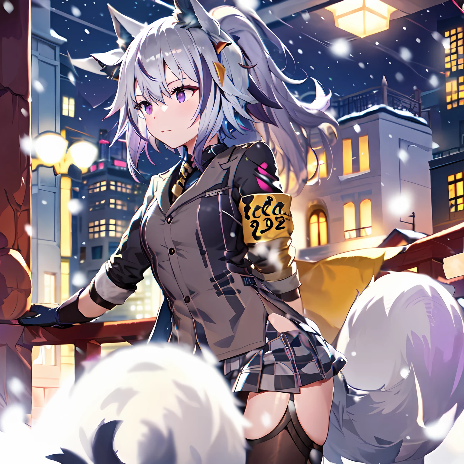 Girls, purple hair, cat ears, jacket blck and white, armband yellow, school, night time, snowing, gloves