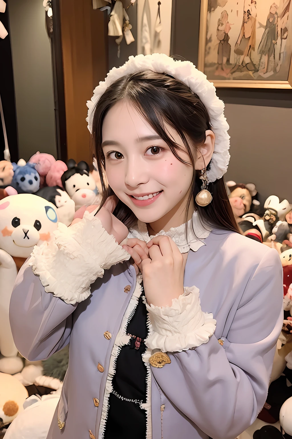 (extra detailed body、extra detailed face、best qualtiy:1.2)、femele、looking at the viewers、(Fancy clothes、、a smile)、(stuffed animals in the background:1.4)