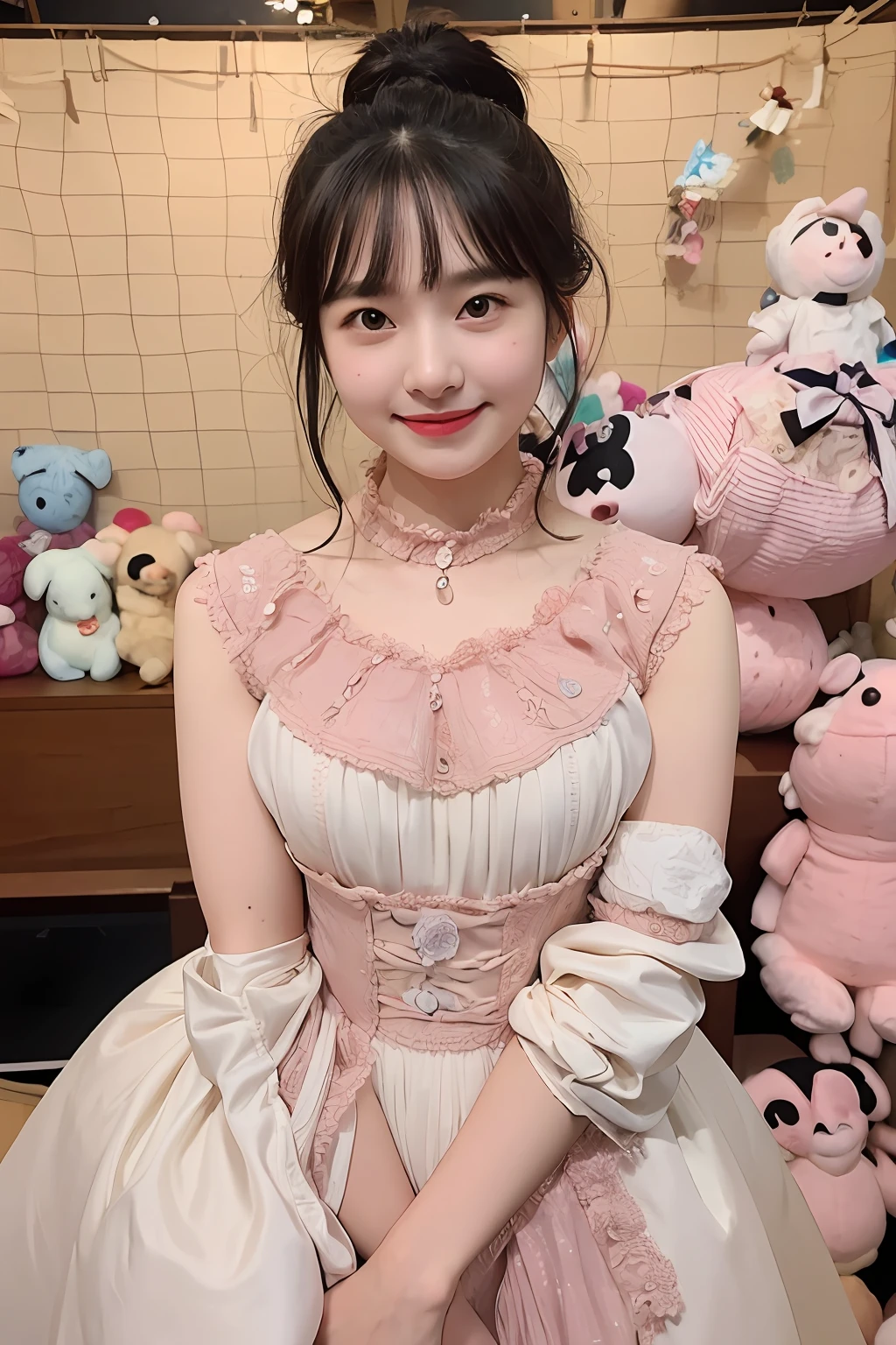 (extra detailed body、extra detailed face、best qualtiy:1.2)、femele、looking at the viewers、(Fancy clothes、17 age、a smile)、(stuffed animals in the background:1.4)