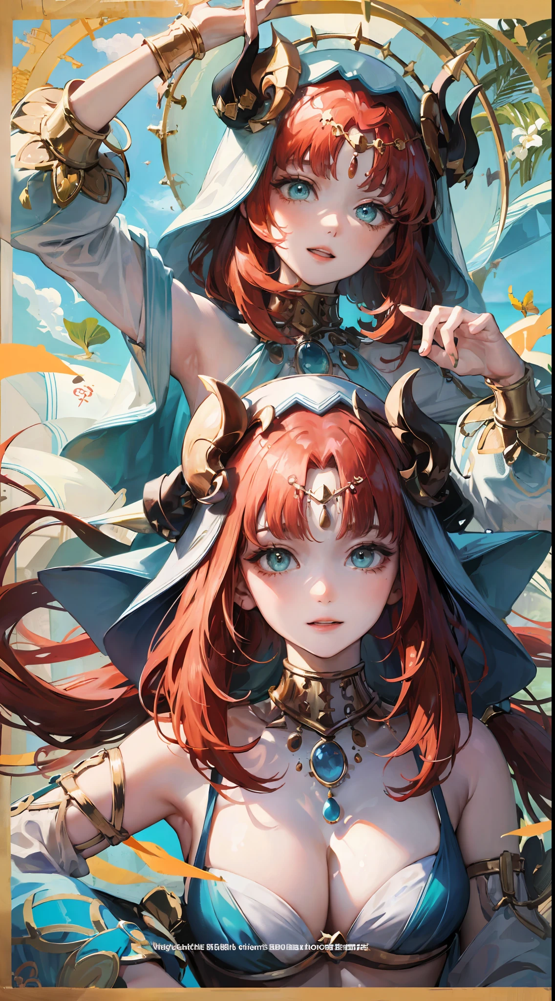 nilou ,red tinted hair,White silk shawl,Poster publicity style,Fleshy thighs,Ocean park,Simetall,C cup,Happy expression
