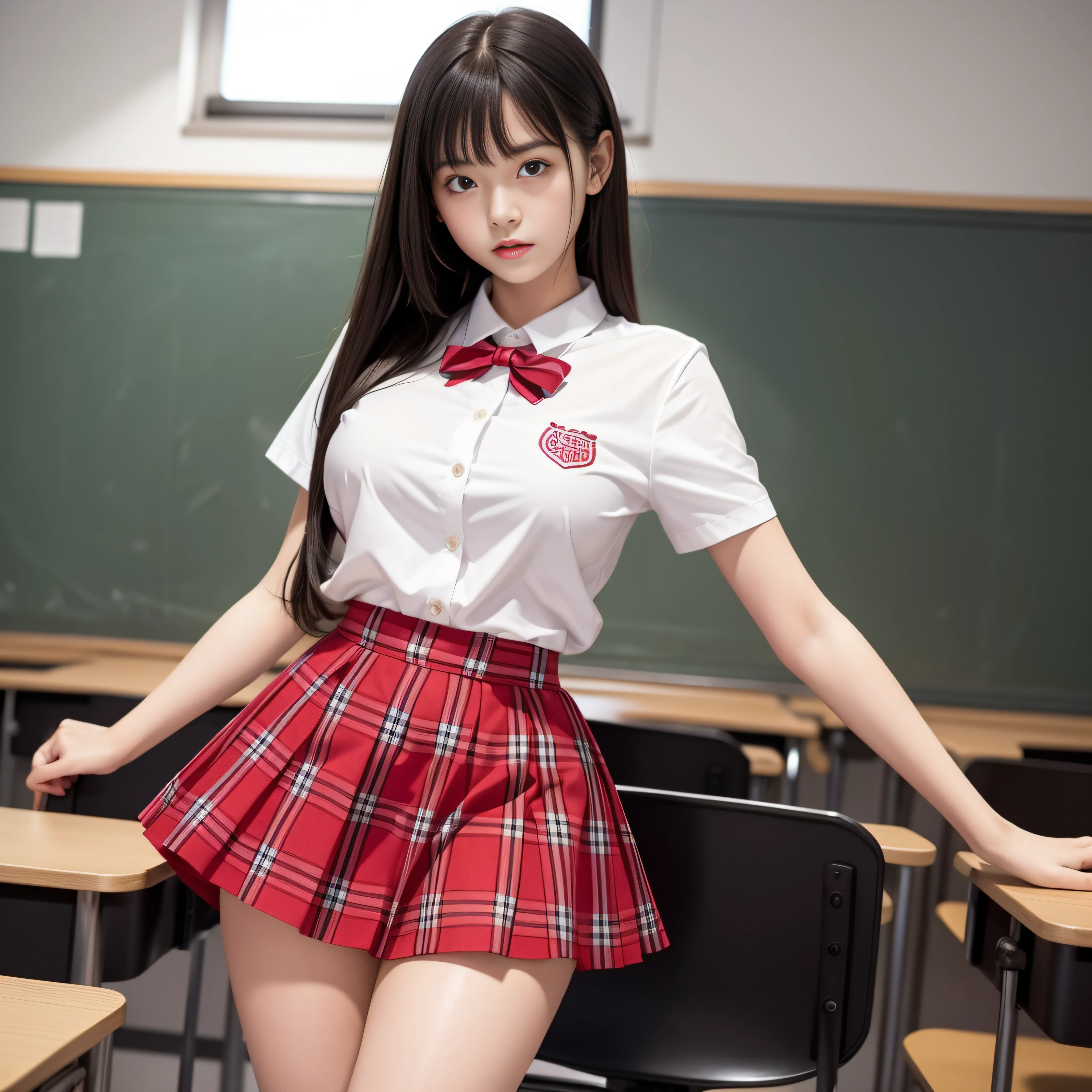 teens girl、Soio、校服、a miniskirt、Red checked flared skirt、thighs thighs thighs thighs、large full breasts、‎Classroom、