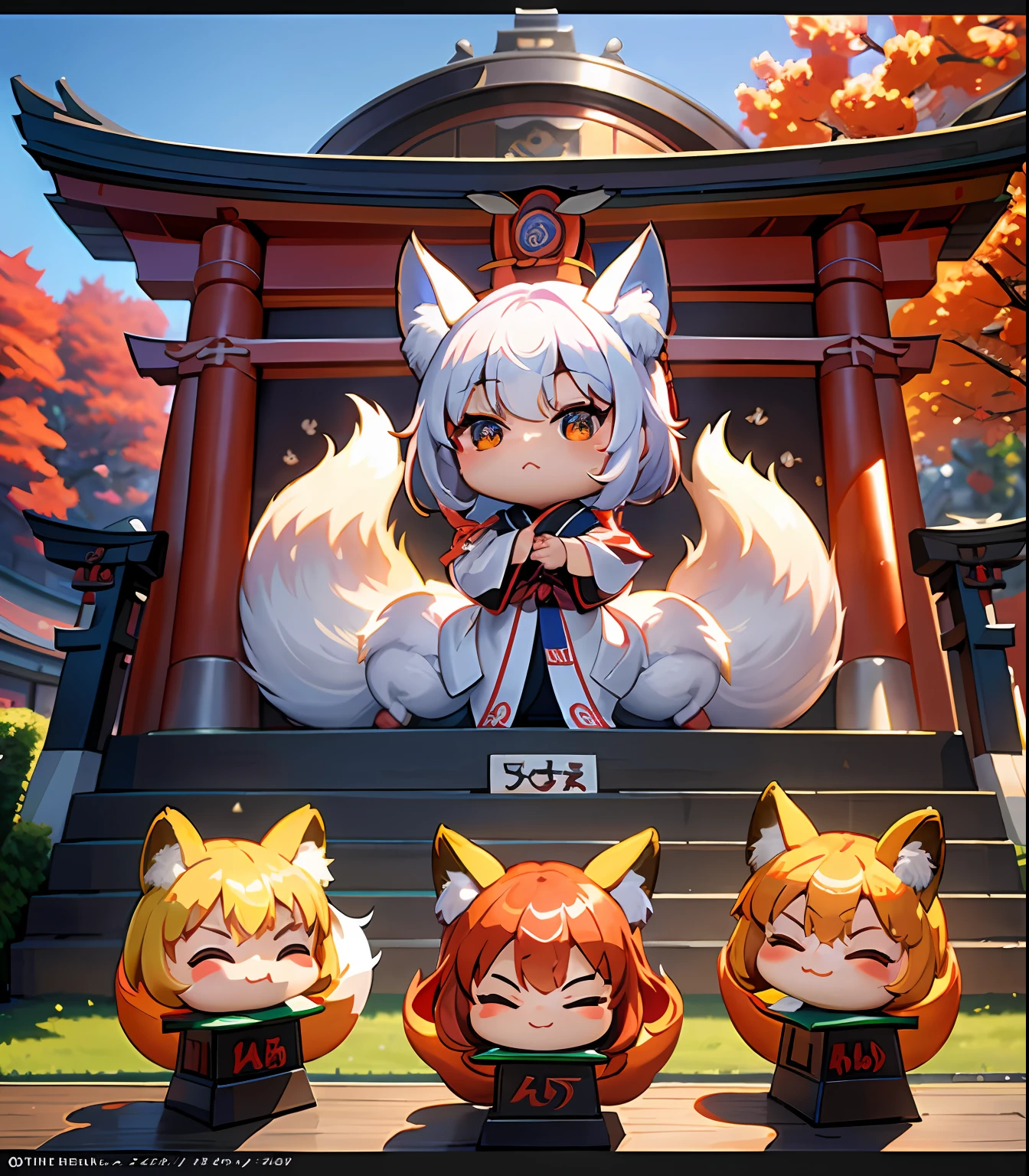 (masterpiece、top-quality、ultra-detailliert、Best Shadows)、细致背景、a sticker、hight resolution、ultra-detailliert、((Demon Fox))、(1 Chibi character)、Shrine of Japan、Beautiful hair、kawaii faces、A detailed eye、9 tails、Japan Yokai、livestream、Detailed hand、perfect hand、intricate detailes