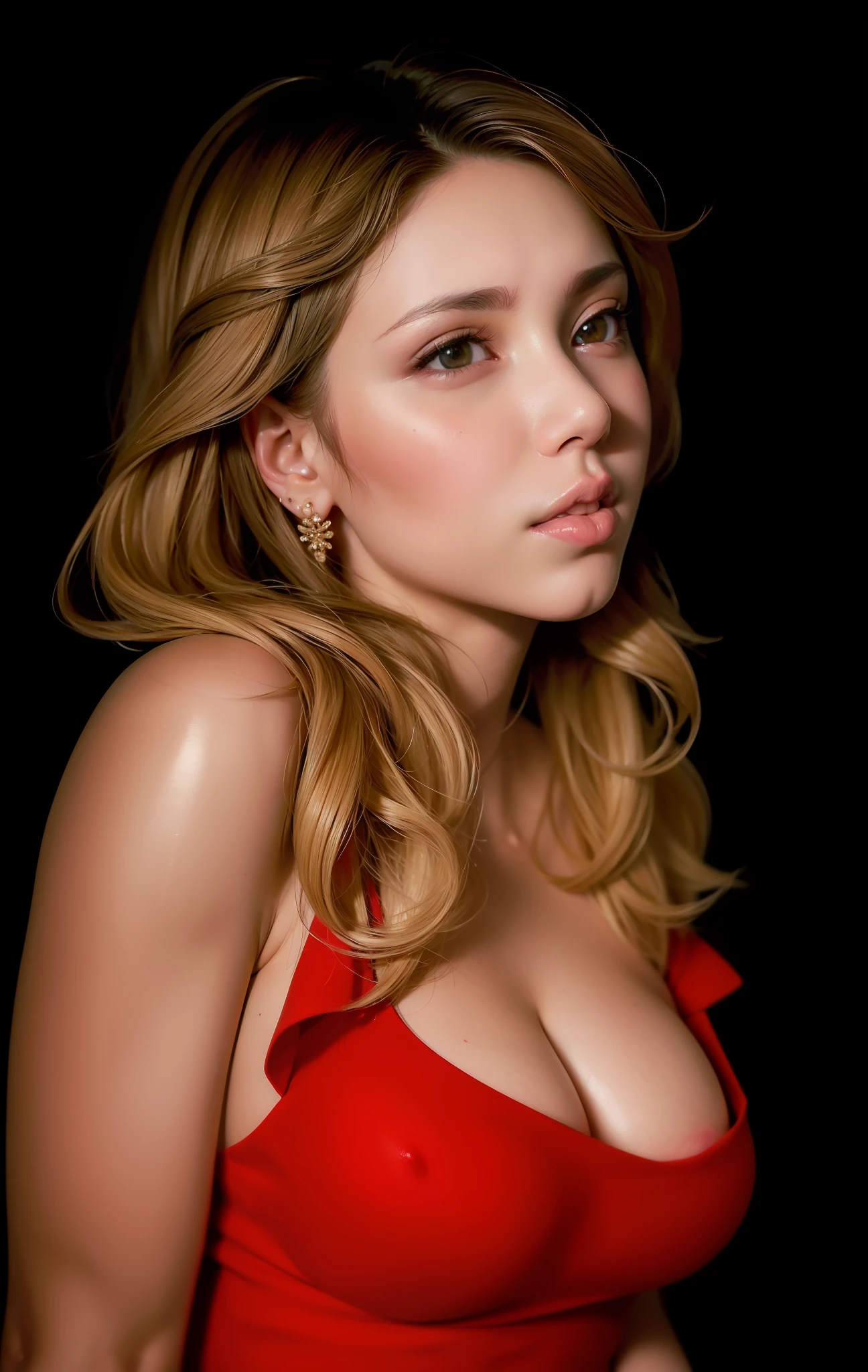 Scarlett Johansson, Full body shot, (NSFW:1.6), (topless:1.4), Raw photo, 超A high resolution,(Photorealistic:1.4), light brown hair, Smile, Bright pupils, high detailing, Realism, Fujicolor, Image Fill, viewfinder, Eye-Level Shot, 8K, Super Detail, nffsw, retinas, masutepiece, Anatomically correct, Textured skin, high details, High quality, awardwinning, Best Quality, hight resolution, 16 K, high-definition RAW color photography, Standing, Wearing a sexy red dress , Open Chest Dress, athletic bodies, Big breasts, Big ass, [scientific fiction],Ray traching, Shallow depth of field,(Detailed skin, diffused skin pores),photographed in a Canon EOS R5, 85mm lens, F/2.8, Sharp Focus, Smooth, Cinematic Film Still