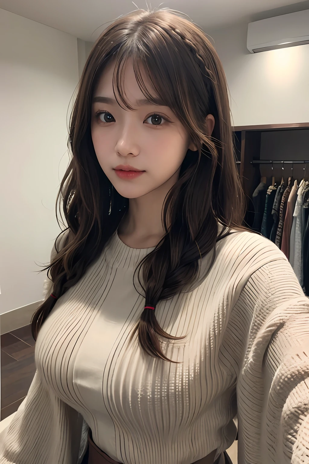 ((1girl in)),Light Brown Fringe Hair、Braided hair、disheveled hair、Light brown eyes、(dignified expression)、((Casual clothing))、(爆乳:1.4)、Emphasize the valley、fittingroom、Selfie、(Photorealsitic)、(intricate detailes:1.2)、(​masterpiece、:1.3)、(top-quality:1.4)、(超A high resolution:1.2)、超A high resolution、(A detailed eye)、(detailed facial features)