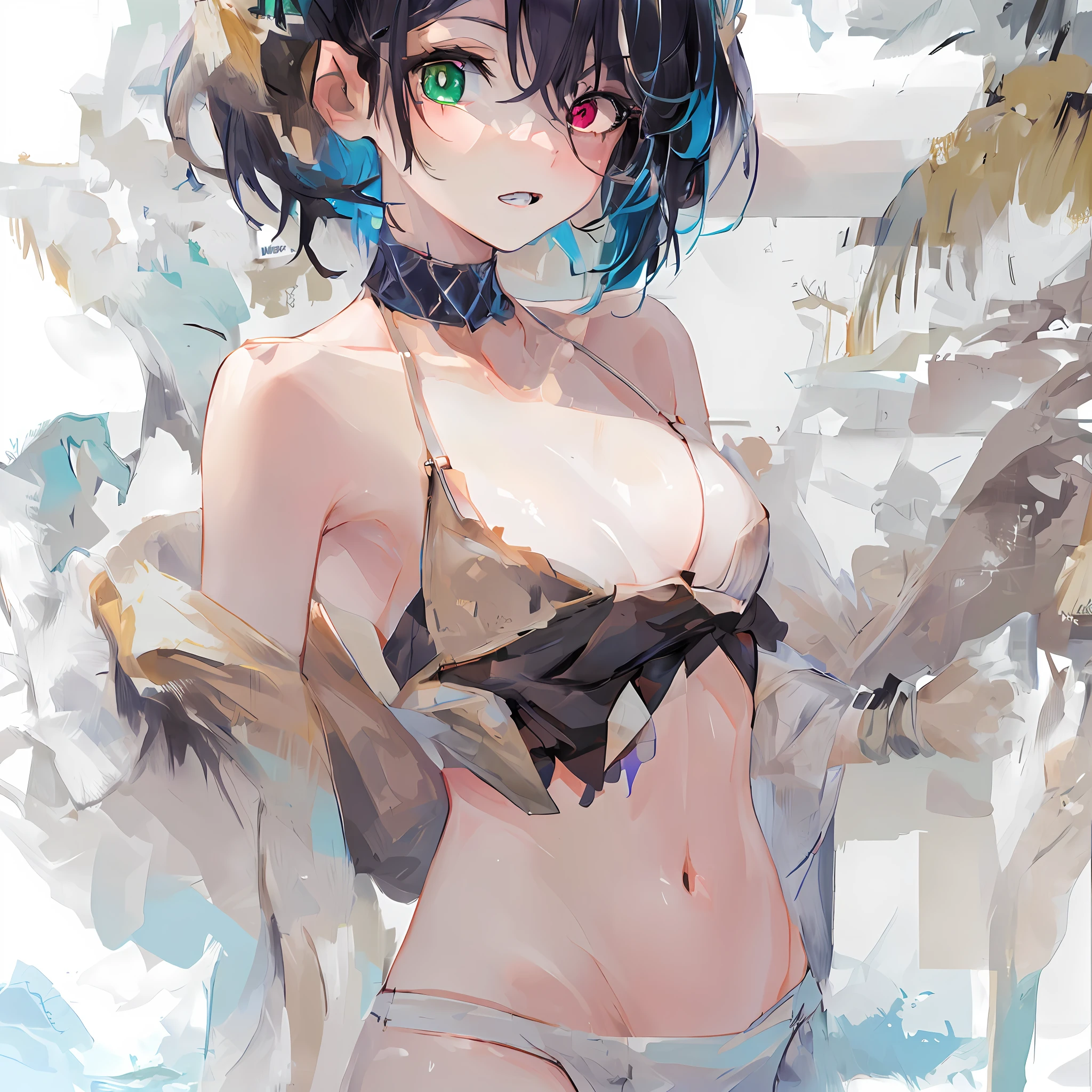 masterpiece,best quality,1girl,solo,looking at viewer, heterochromia,(nude:1.2),swimsuit, bikini,