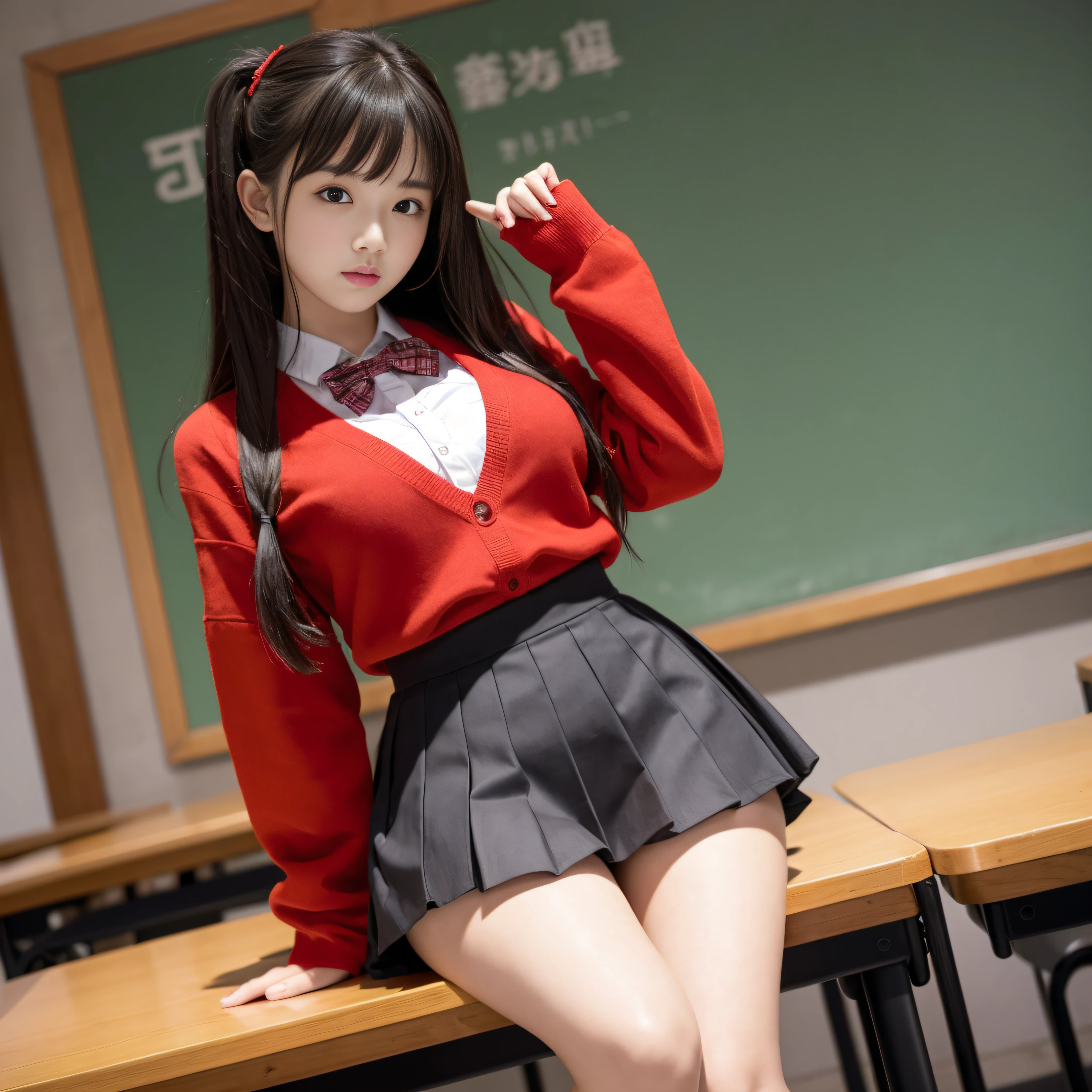 teens girl、Soio、校服、a miniskirt、Red checked flared skirt、thighs thighs thighs thighs、large full breasts、‎Classroom、