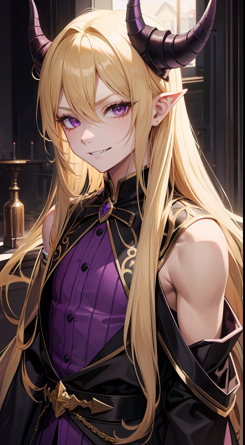 young boy, very long blonde hair, horns demon, violet eyes, Demon slaves, open shoulders, smirk, Masterpiece, hiquality
