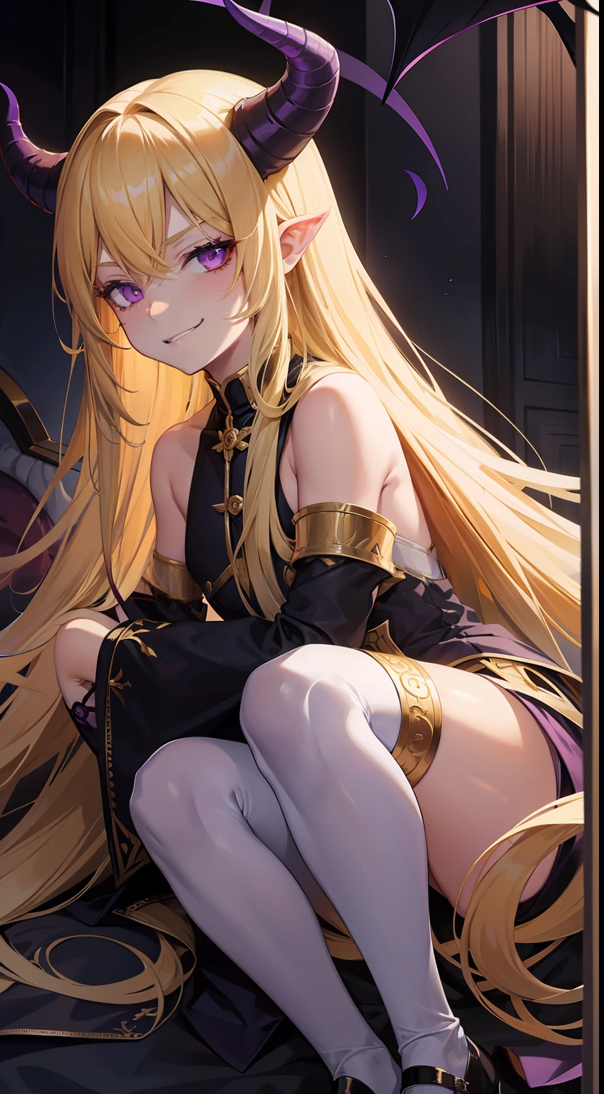 young boy, very long blonde hair, horns demon, violet eyes, Demon slaves, open shoulders, smirk, Masterpiece, hiquality