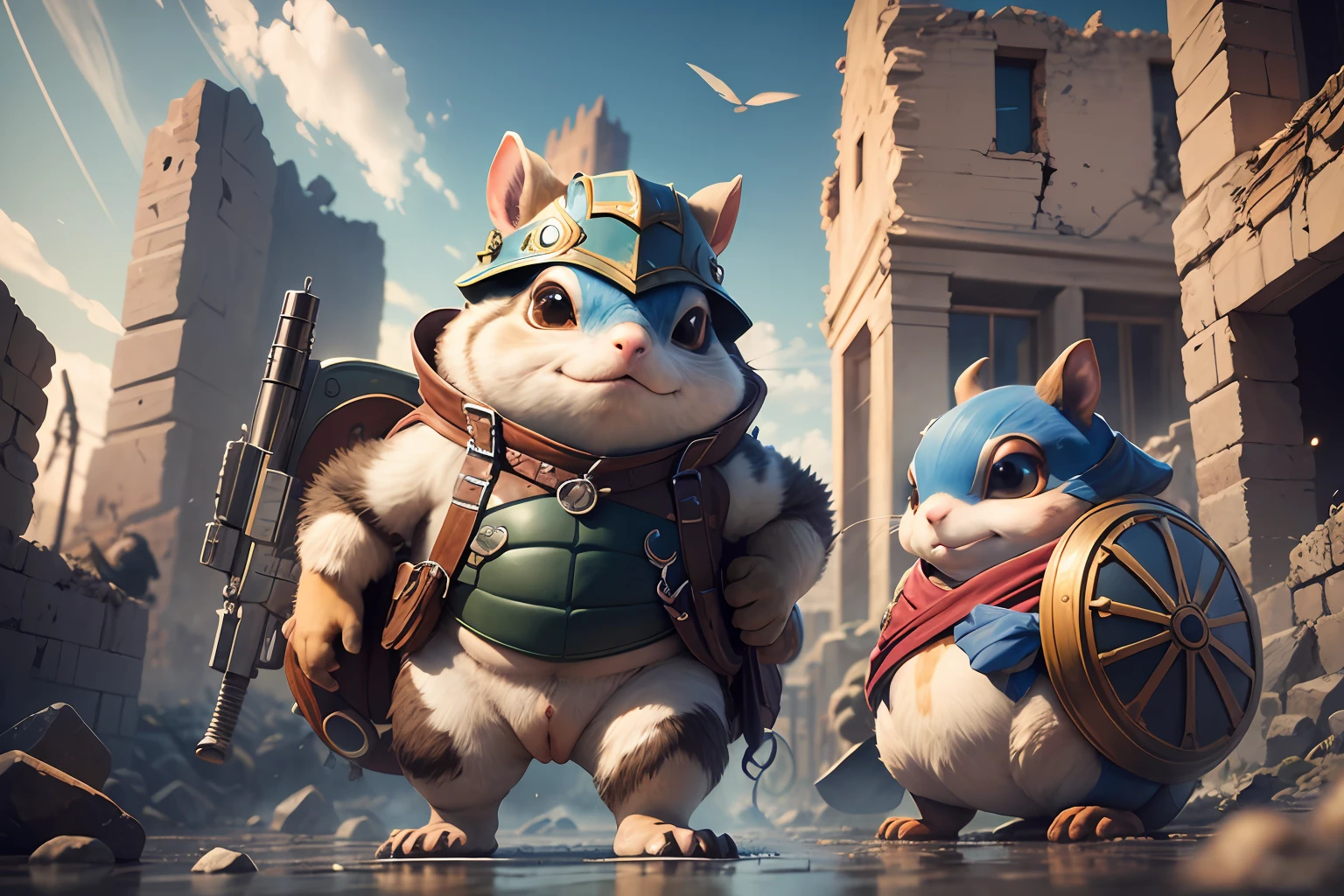 anthropomorphic turtle，Q version，Cute and cute，hairy pubic，（Humpty chipmunk squad：1.4），shelmet，battle garment，guns，combats，opening fire，Cartoon 3D，outside，A city destroyed by artillery fire，Stones，Collapsed walls，standing water，The hair is meticulously depicted，Dynamic lines，Works of masters，tmasterpiece，super-fine，Detailed pubic hair，Accurate，dynamic viewing angle