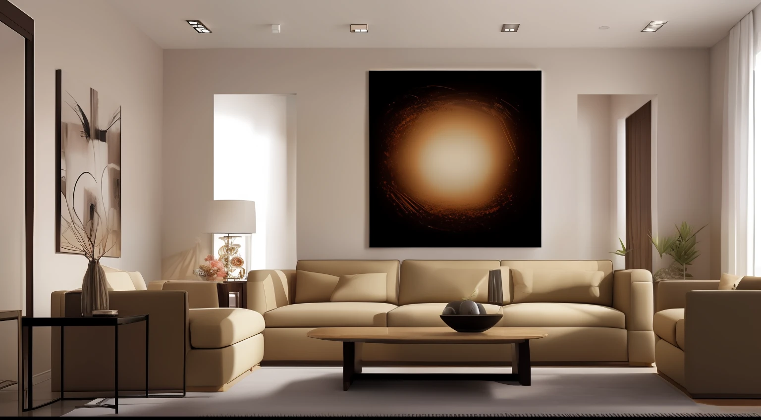 Room with paintings by Basquiat、Zoom background、like photo、Detailed light、Stylish living room