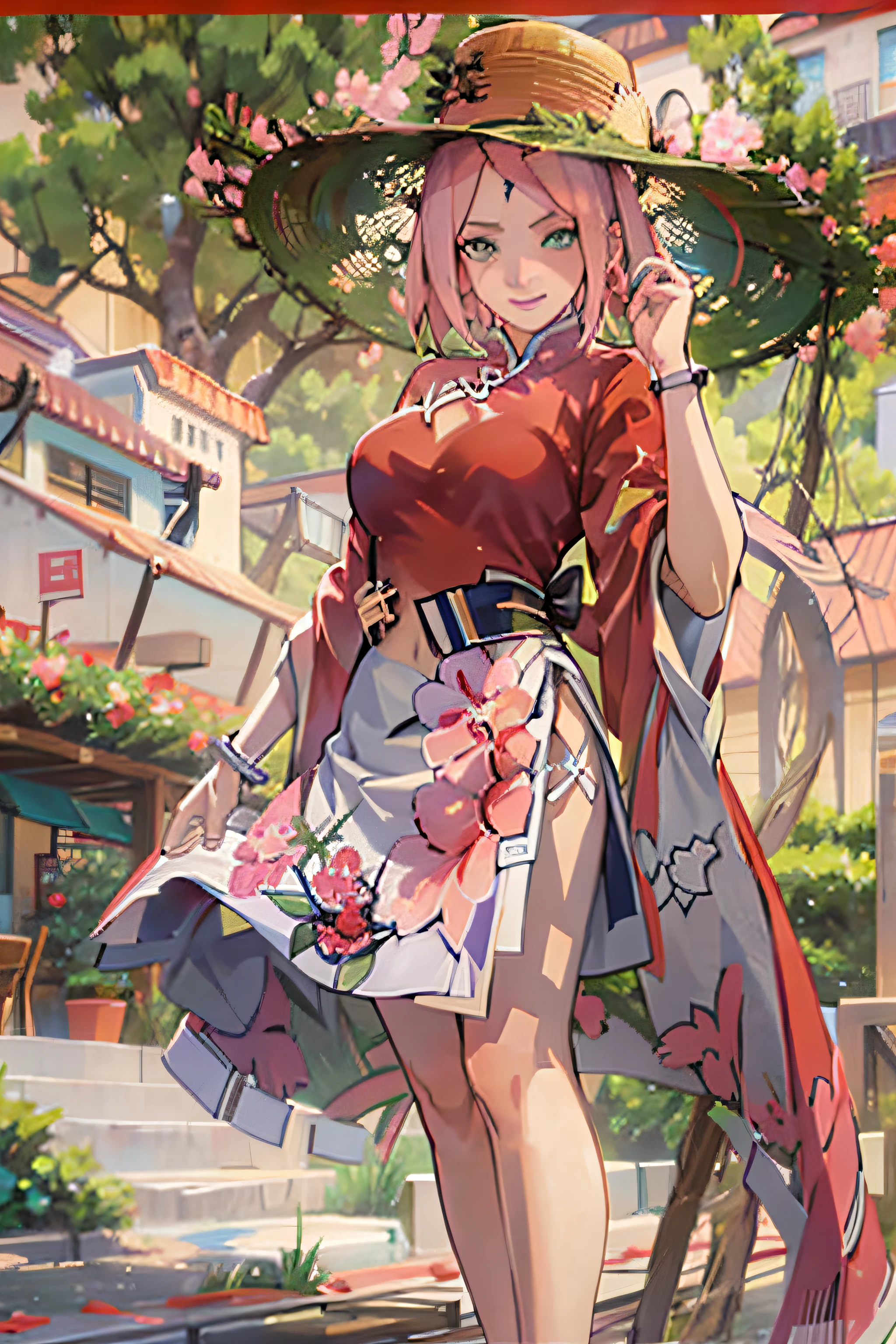 realisticlying， realisticlying，cowboy lens，tmasterpiece，hoang lap，1girll，Sakura Haruno，forehead mark，red hairband，Red cheongsam，groin，bangle，looking at viewert，ssmile，SakuraNS，Private garden，ventania，Floating hair，big cleavage breasts，（（Wide buttock））），tonedbody，Detailed eyes，