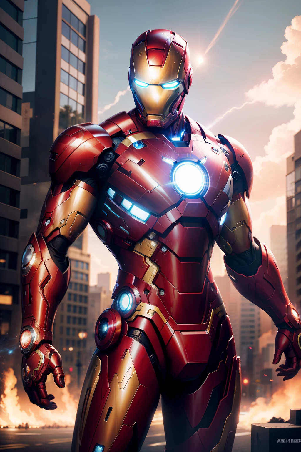 Iron Man, City streets in the background, American propaganda poster, motion blur, god rays, highres, best quality, super detail, textured skin, anatomically correct, masterpiece, UHD, retina