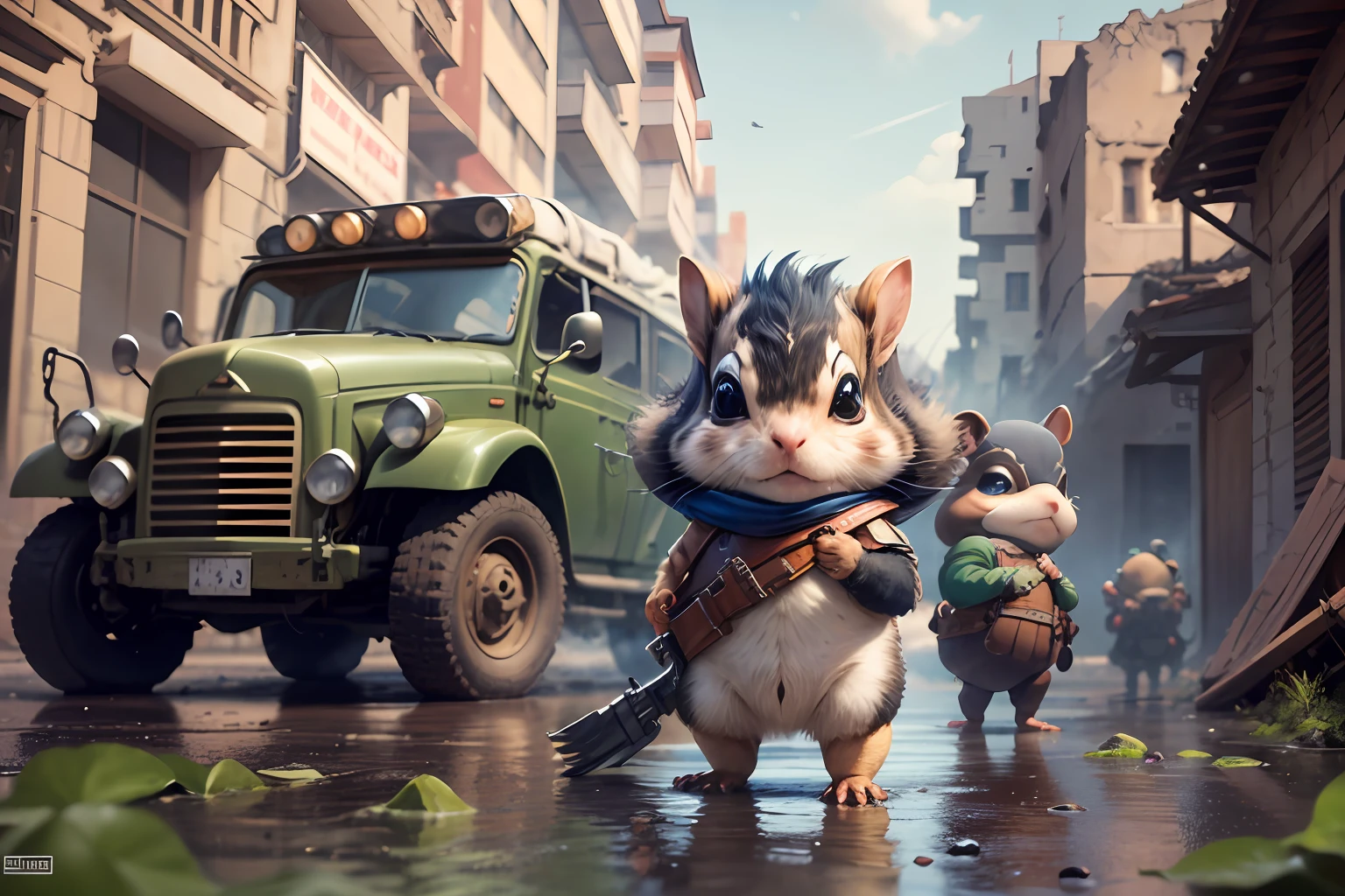 anthropomorphic turtle,Q version,Cute and cute,hairy pubic,(Humpty chipmunk squad:1.4),shelmet,battle garment,guns,combats,armored car,opening fire,Cartoon 3D,outside,A city destroyed by artillery fire,Stones,Collapsed walls,standing water,The hair is meticulously depicted,Dynamic lines,Works of masters,tmasterpiece,super-fine,Detailed pubic hair,Accurate,dynamic viewing angle
