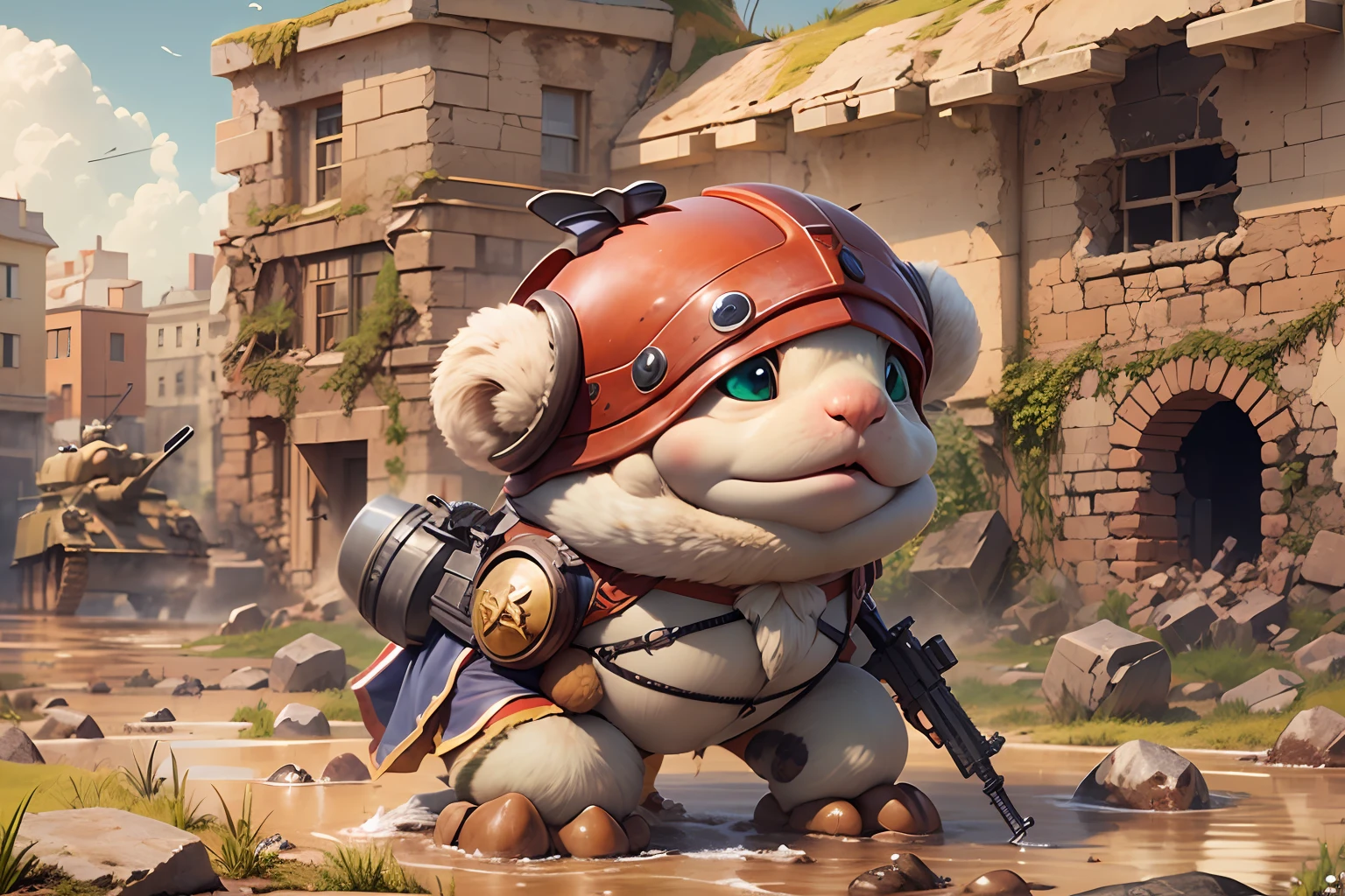 anthropomorphic turtle,Q version,Cute and cute,hairy pubic,(Humpty chipmunk squad:1.4),shelmet,battle garment,guns,combats,tanks,opening fire,Cartoon 3D,outside,A city destroyed by artillery fire,Stones,Collapsed walls,standing water,The hair is meticulously depicted,Dynamic lines,Works of masters,tmasterpiece,super-fine,Detailed pubic hair,Accurate,dynamic viewing angle