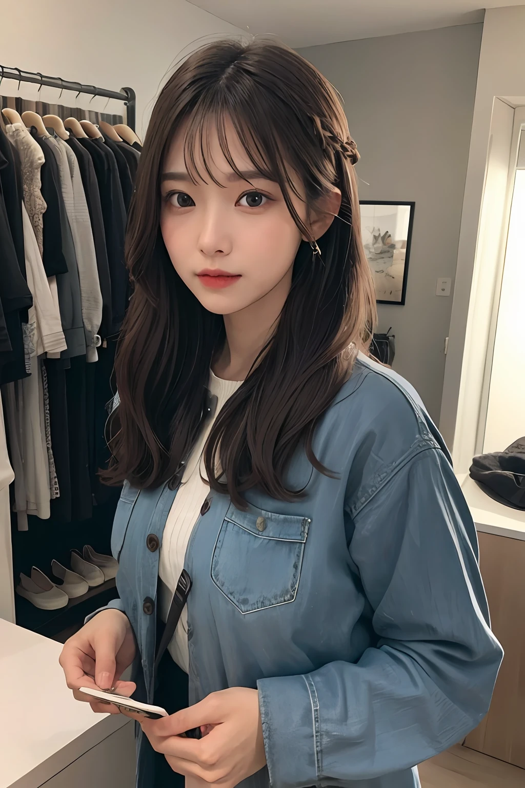 ((1girl in)),Light Brown Fringe Hair、Braided hair、disheveled hair、Light brown eyes、(dignified expression)、((Casual clothing))、(爆乳:1.4)、Emphasize the valley、fittingroom、Selfie、(Photorealsitic)、(intricate detailes:1.2)、(​masterpiece、:1.3)、(top-quality:1.4)、(超A high resolution:1.2)、超A high resolution、(A detailed eye)、(detailed facial features)