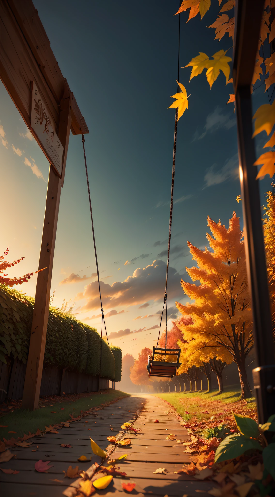 The tone of the whole picture is fresh、Bright shades，Mainly yellow and dark green。The background can use a soft dark green，It gives a sense of stability，It also highlights the autumn atmosphere。A swing can be placed in the center of the picture，It represents the change of seasons and the arrival of autumn。Some dead leaves can be hung on the swing，It symbolizes the gradual end of summer，It's autumn。And under the swing there can be a bunch of colorful mangoes and passion fruits，It symbolizes the fusion and rich taste of the two fruits，Similar to the beginning of autumn，The heat gradually receded，Brings a cool feeling。Overall，The picture presents a warmth、Relaxed feeling，Through yellow and dark green tones，Express the atmosphere that autumn is coming。A fusion of mango and passion fruit，As well as elements of swings and dead leaves，All increase the vividness and visual appeal of the picture。Such a design idea can be used for advertising、poster for、Or seasonal commodity packaging and other scenarios，It brings a pleasant feeling and at the same time highlights the theme of autumn。Real scene HD 8K