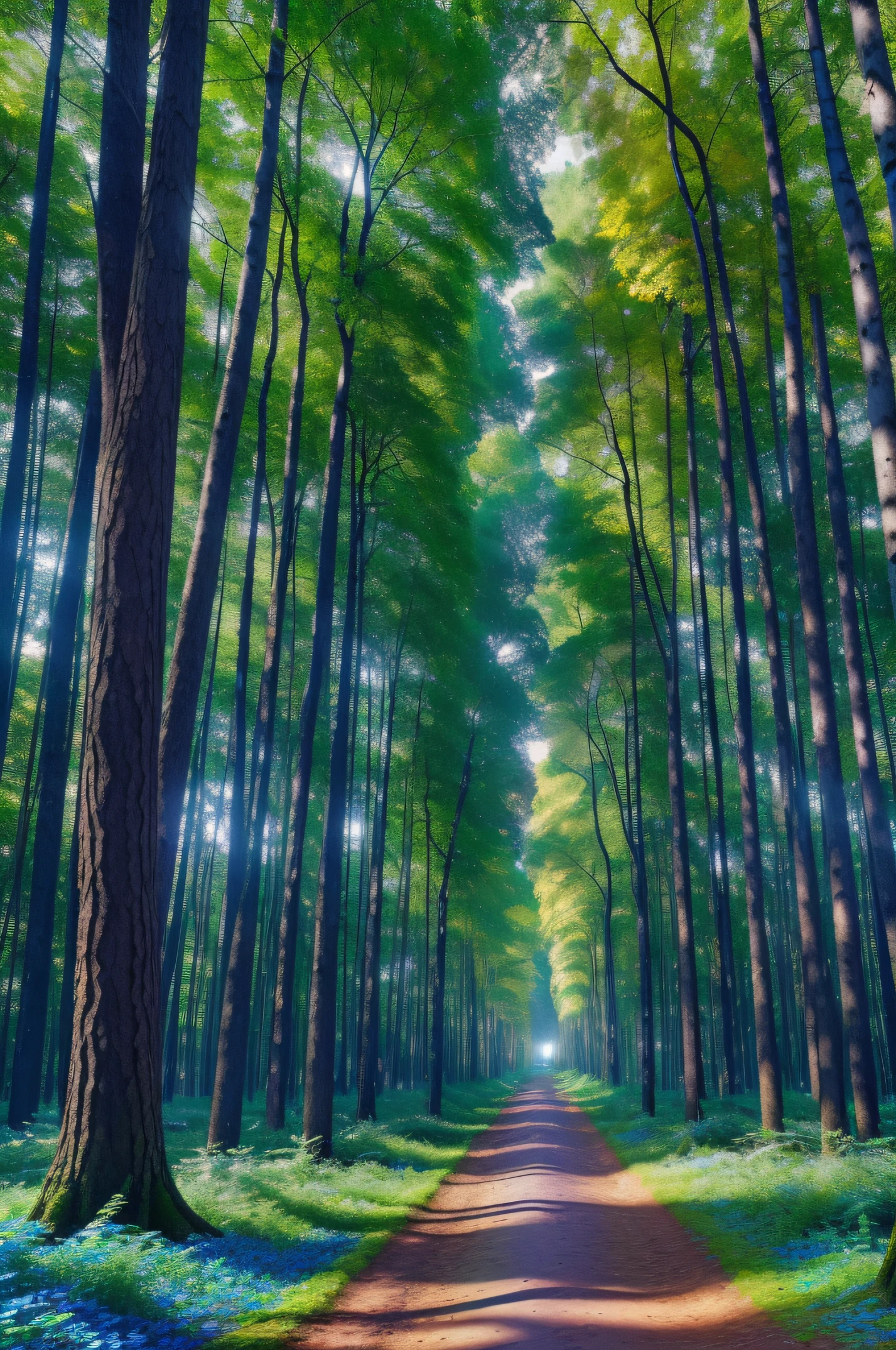 Envision a forest where trees morph into kaleidoscopic pillars, their trunks adorned with swirling patterns that shift and dance with every blink. Rays of neon light pierce through the foliage, casting prismatic shadows on the vibrant forest floor.((8k resolution,highly deatiled,best quality,masterpiece:1.3))