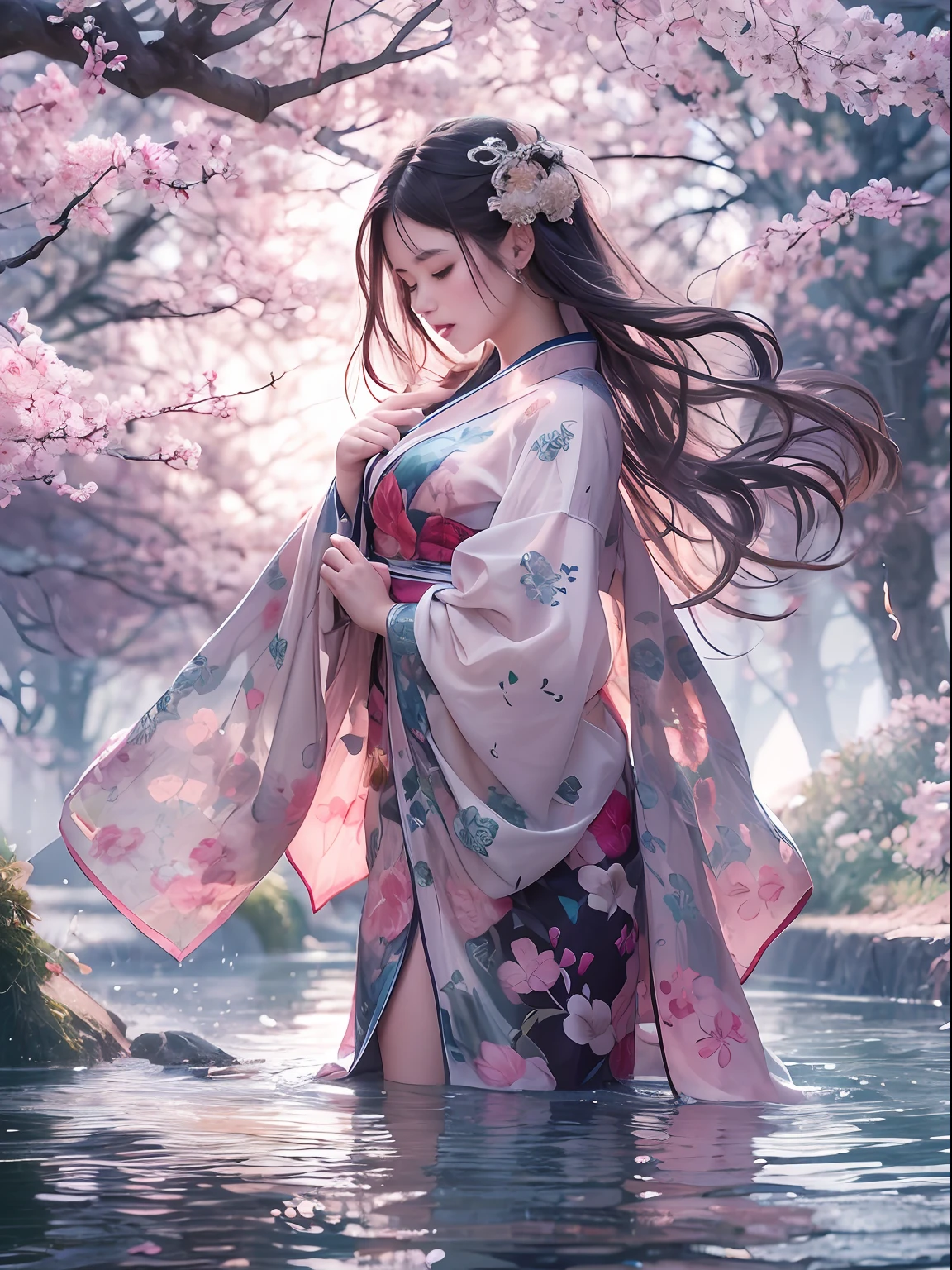 loose outfit、Show shoulders、How to wear a broken see-through kimono、Decorated with intricate patterns and bright colors、Transparent material that makes the skin shine、Artistic depiction of seductive woman in kimono with wet thin cloth and transparent skin, Floral and fantastic pattern with flowing silky traditional see-through skin。Her dress draped elegantly around her curvaceous figure、Emphasizes her charming silhouette。She's a gentle fireworks night、Dynamic Posing、Sexy Posing、bathed in the soft glow of moonlight。The scene is、With a hint of mystery and sensuality、It exudes an ethereal dreamy atmosphere。The image style is、Incorporates a blend of watercolor and digital illustration techniques.、It makes you feel delicate beauty and charm。Soft moonlit lighting、Cast gentle highlights and shadows on her mesmerizing features。Dynamic Posing、Bold poses、The hand is somewhere、see -through、show through、A sexy、Wet hair、Wet、cherry trees、flower petals、cherryblossom、The cherry tree、Sakura blizzard、buried、Transparent skin、Wet clothes、Chest Pulling、Translucent clothes、On the water、huge moon、