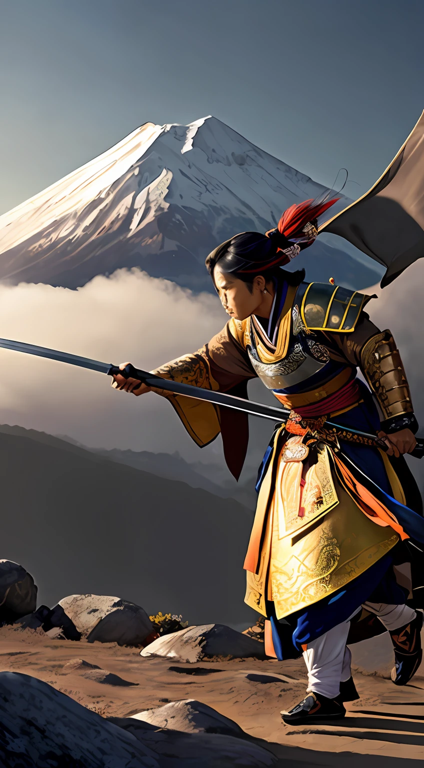 Arafed Asian man in traditional clothes holding a sword and a mountain, inspired by Kanō Hōgai, female samurai, japanese warrior, Retrato de Mulan, Akihiko Yoshida. Motor irreal, Mulan, arte chave, raposa nobushi segurando uma naginata, Japonisme 3 D 8 K Ultra Detalhado