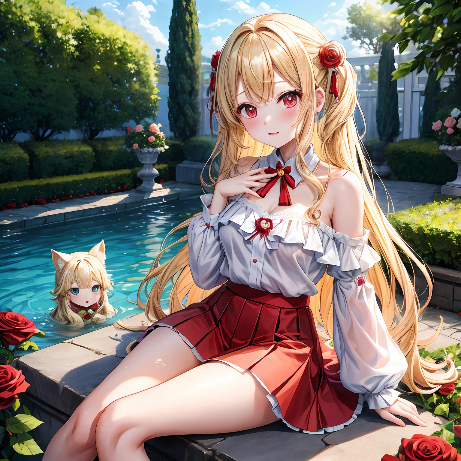 Wavy blonde、red eyes、One pretty girl、独奏、animesque、off shoulders、a miniskirt、rose garden、sitting on