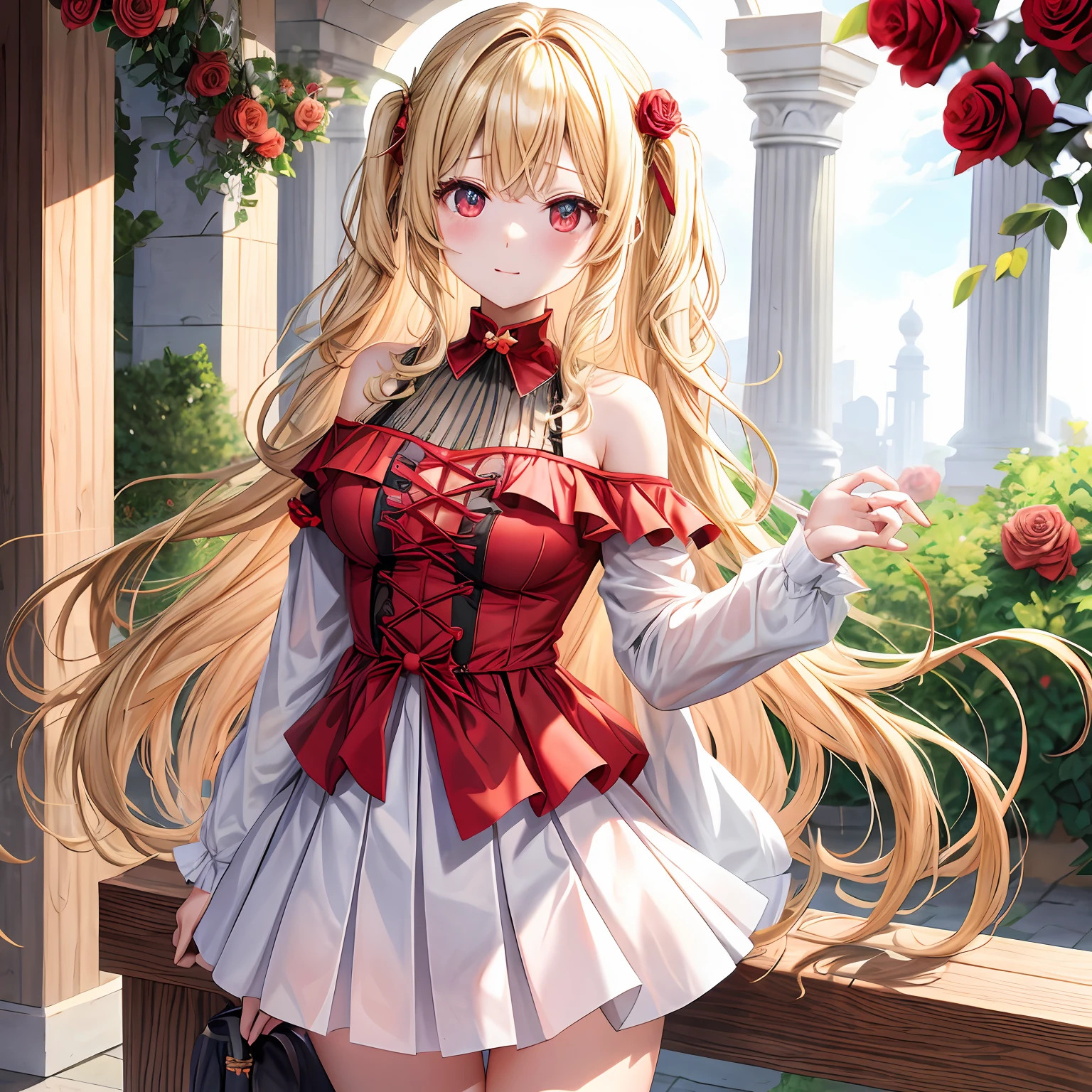 Wavy blonde、red eyes、One pretty girl、独奏、animesque、off shoulders、a miniskirt、rose garden