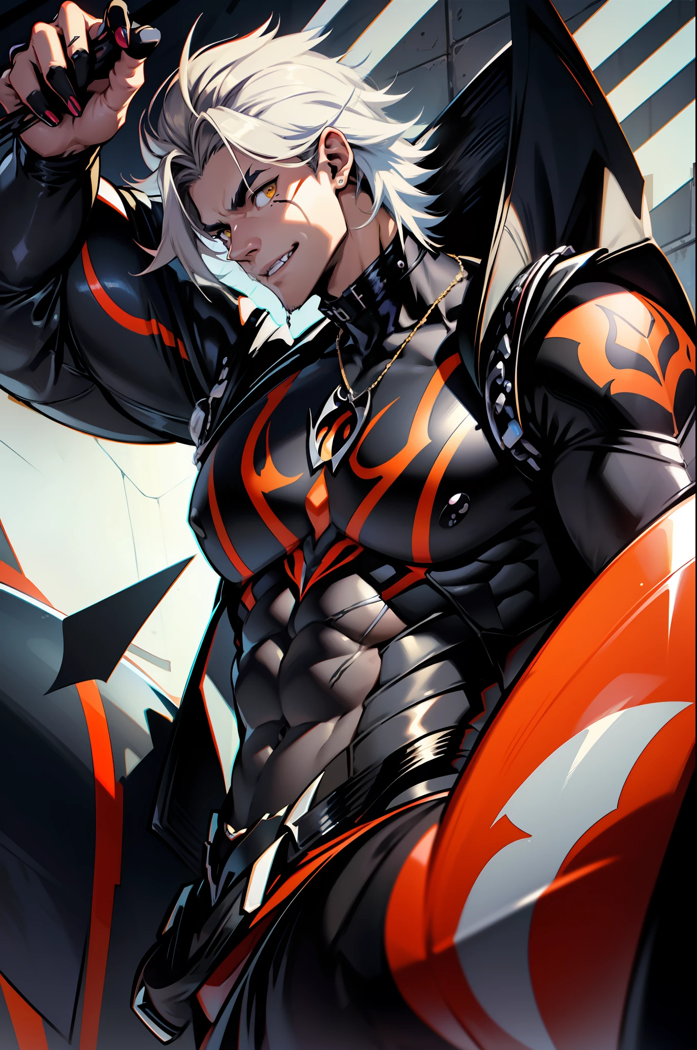 Anime character with white hair and black and orange outfit holding a gun -  SeaArt AI, image size:1360x2048